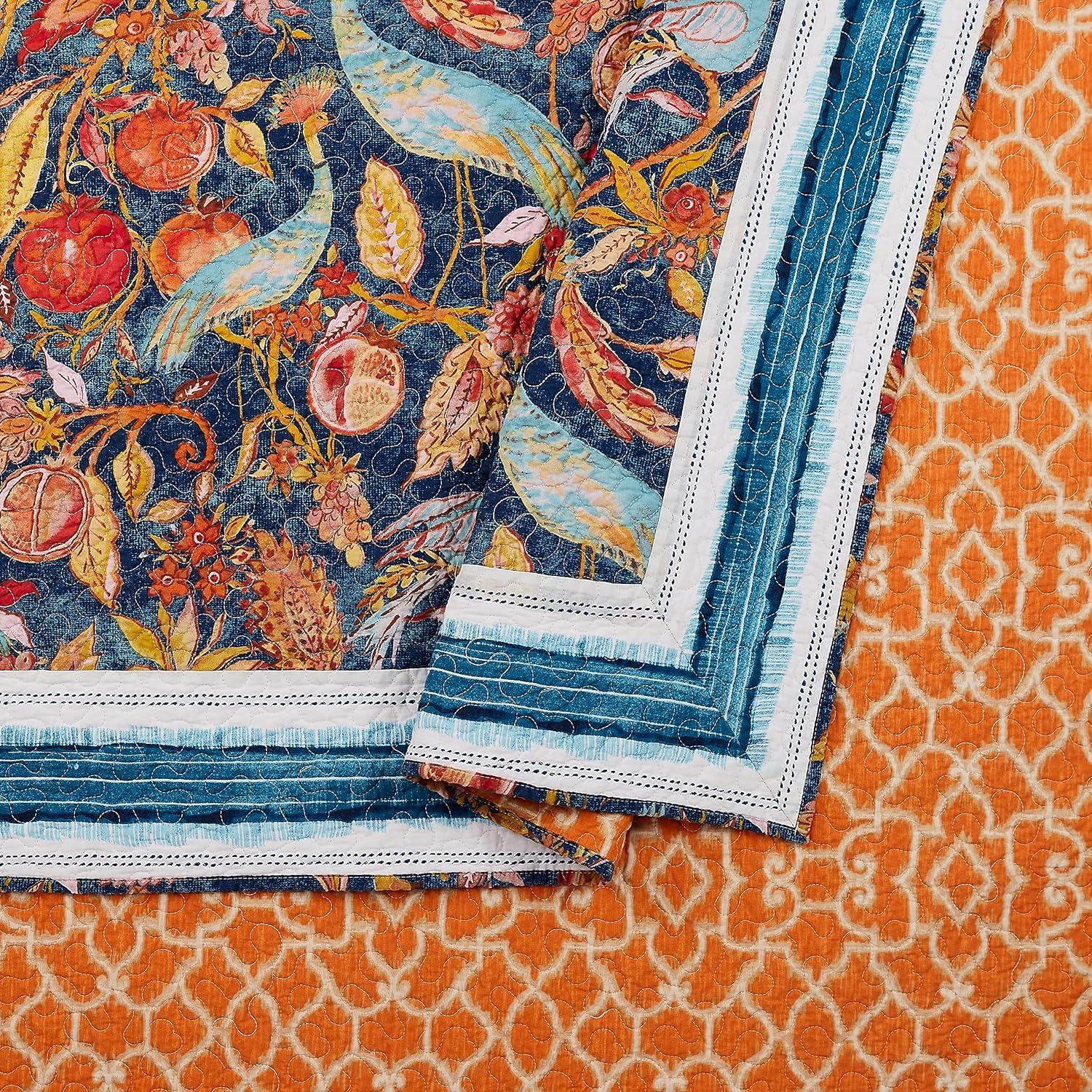 Peacock Garden Quilt & Sham Set Blue/Orange - Dena Home