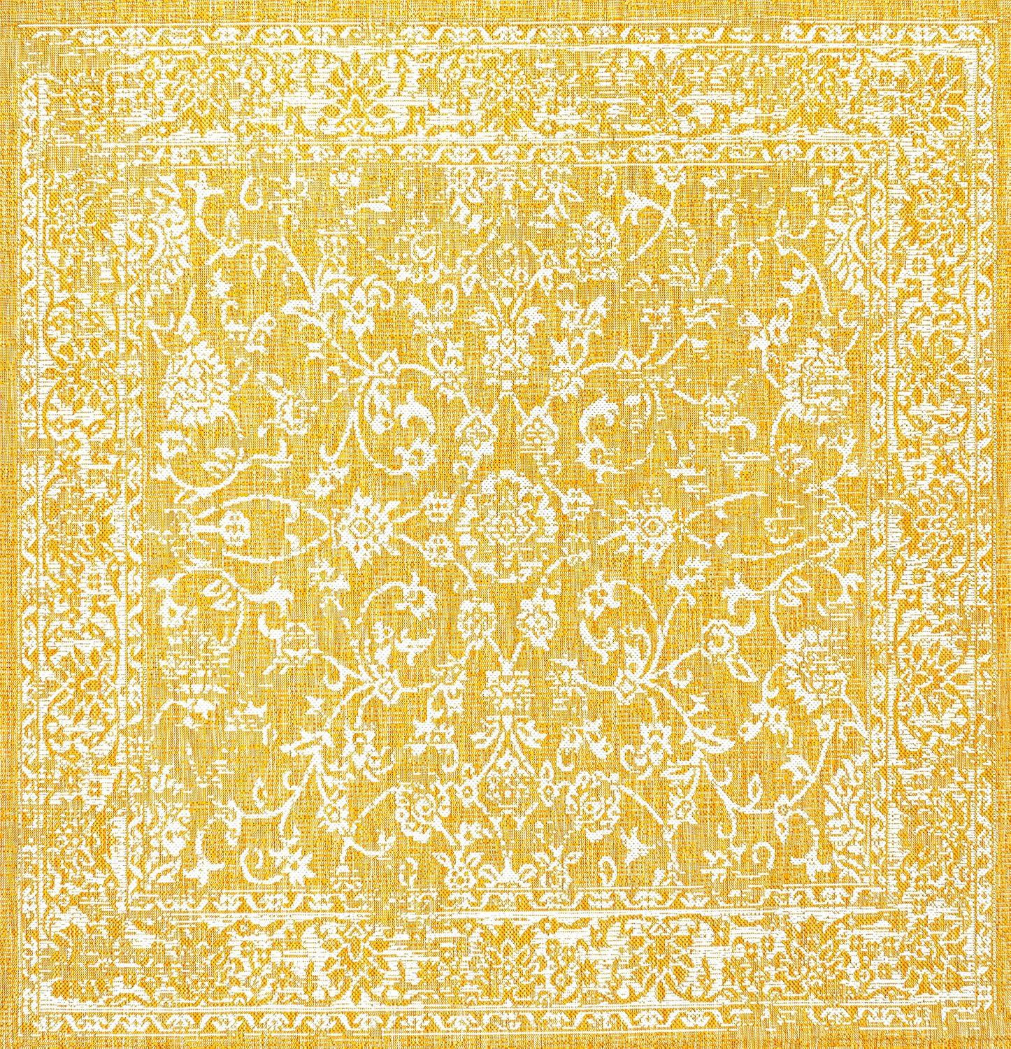 Bohemian Bliss Yellow/Cream Floral Square Indoor/Outdoor Rug