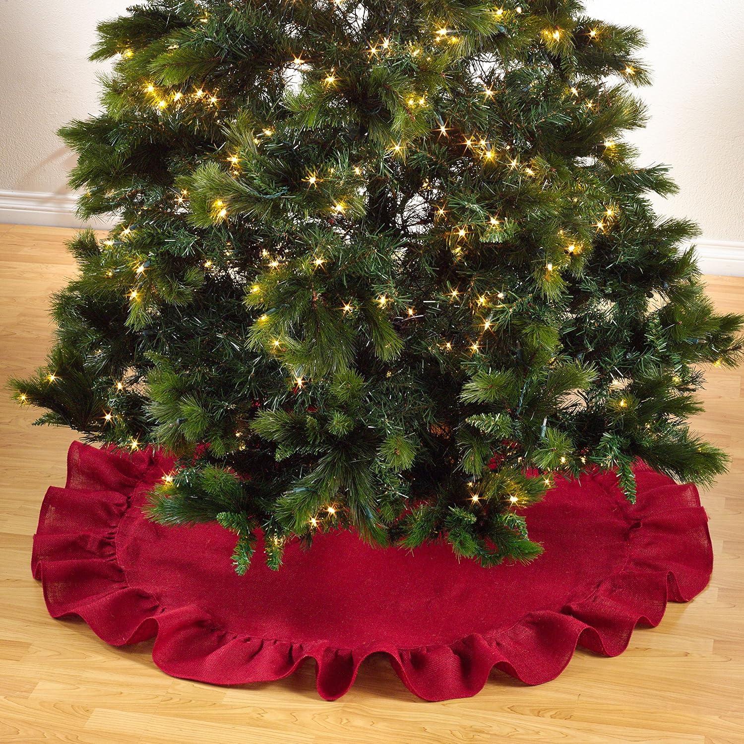Saro Lifestyle Saro Lifestyle Jute Christmas Tree Skirt With Ruffled Design, Red, 53"