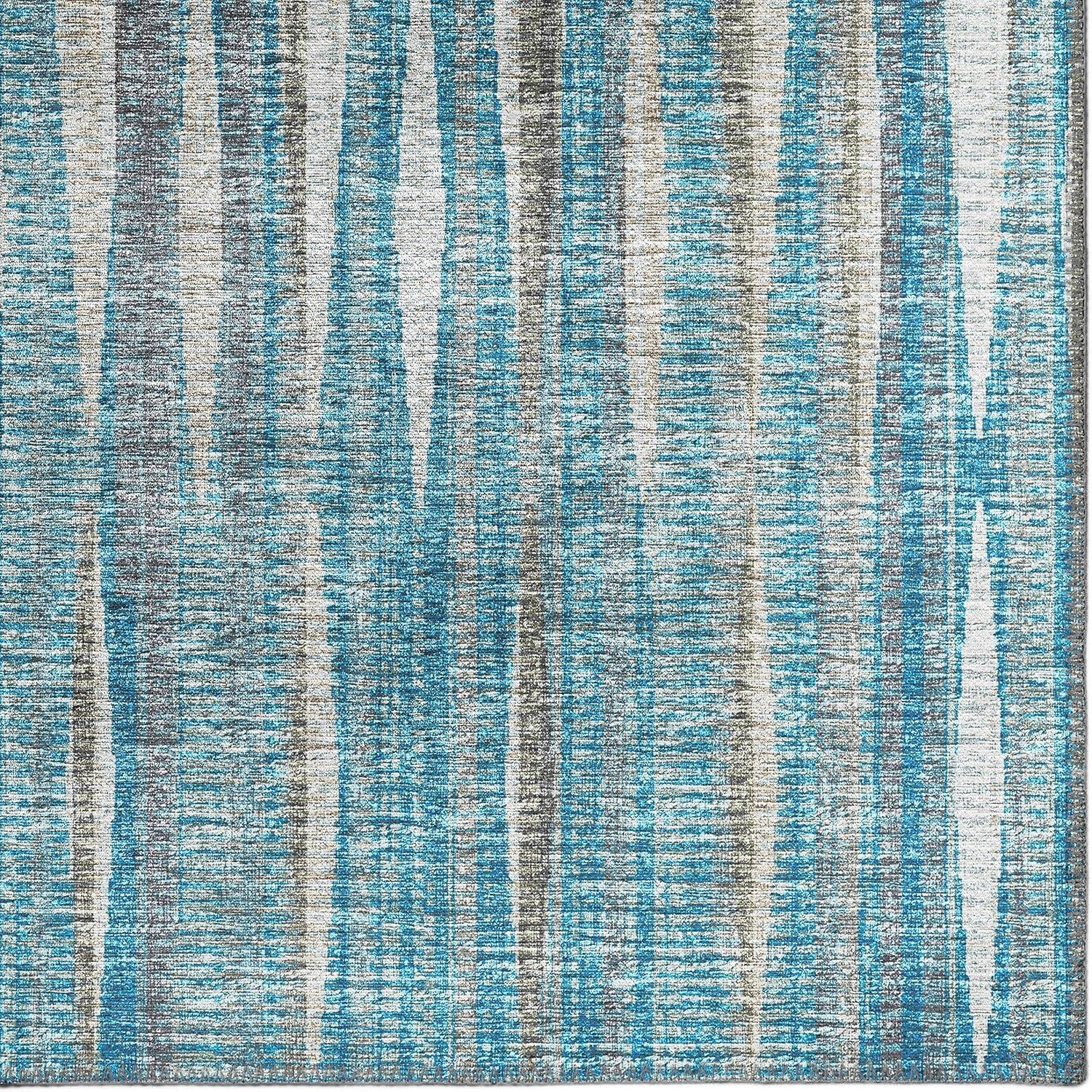 Blue and Gray Striped Chenille Washable Area Rug 5' x 7'