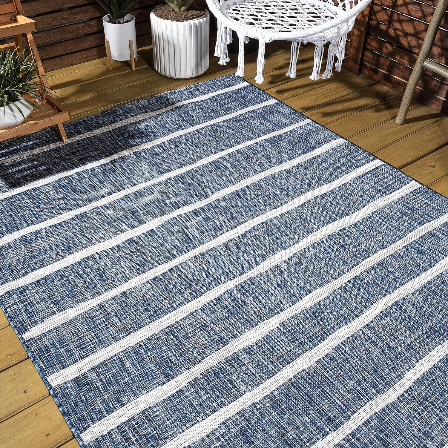 3'x5' Colonia Berber Stripe Indoor/Outdoor Area Rug, Blue/Ivory - JONATHAN Y