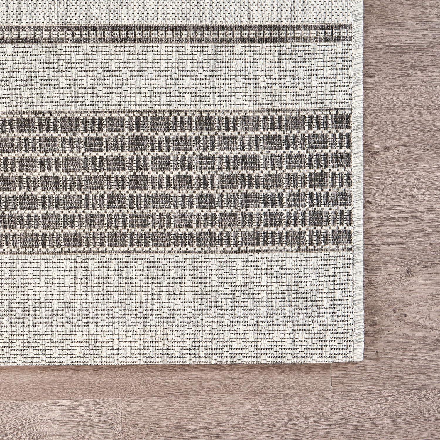 Grey and Black Stripe Synthetic Rectangular Rug