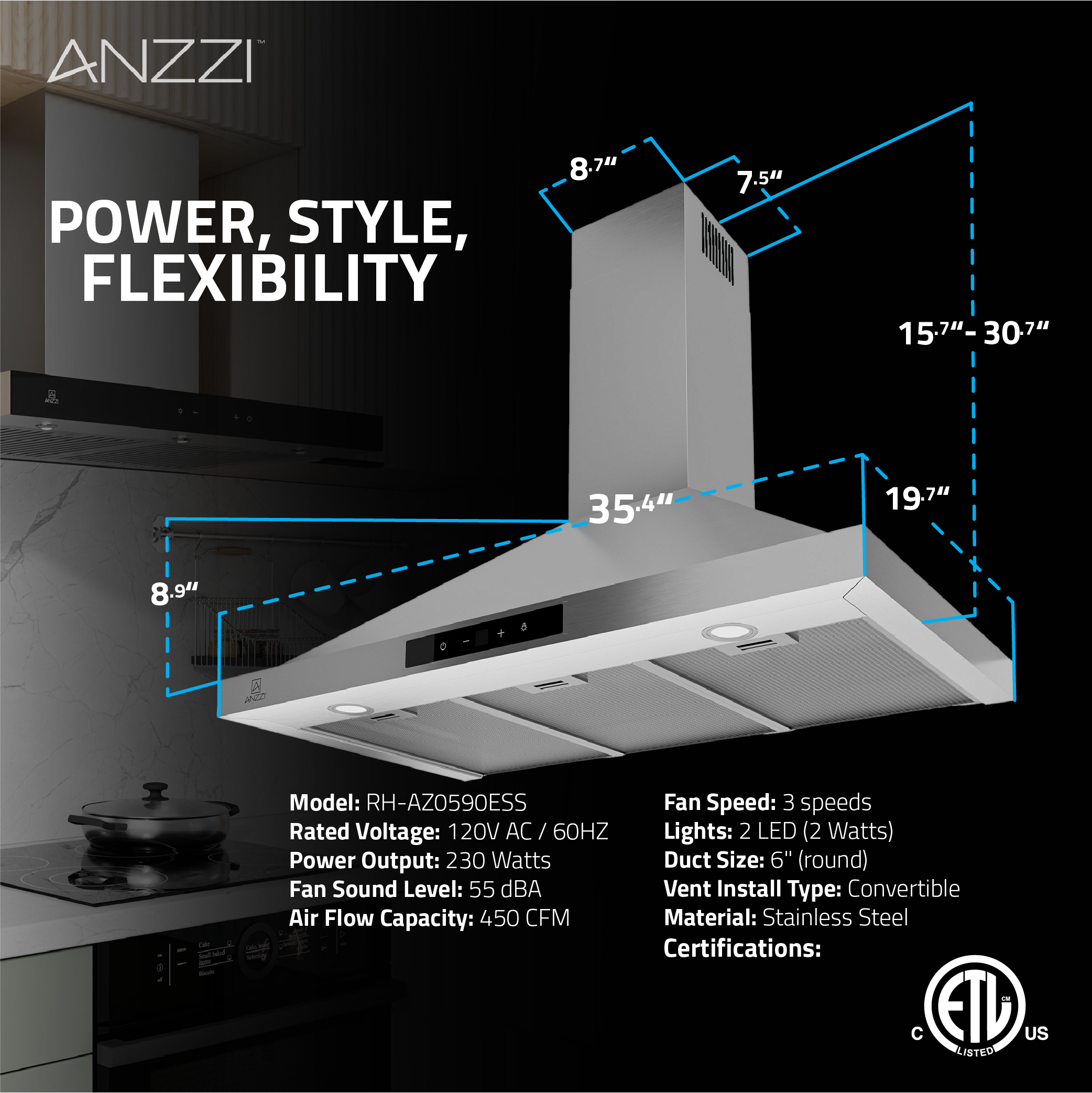 36" Stainless Steel Wall Mounted 450 CFM Convertible Range Hood With Aluminum Filter, 2W Double LED Bulbs And Touch Switch