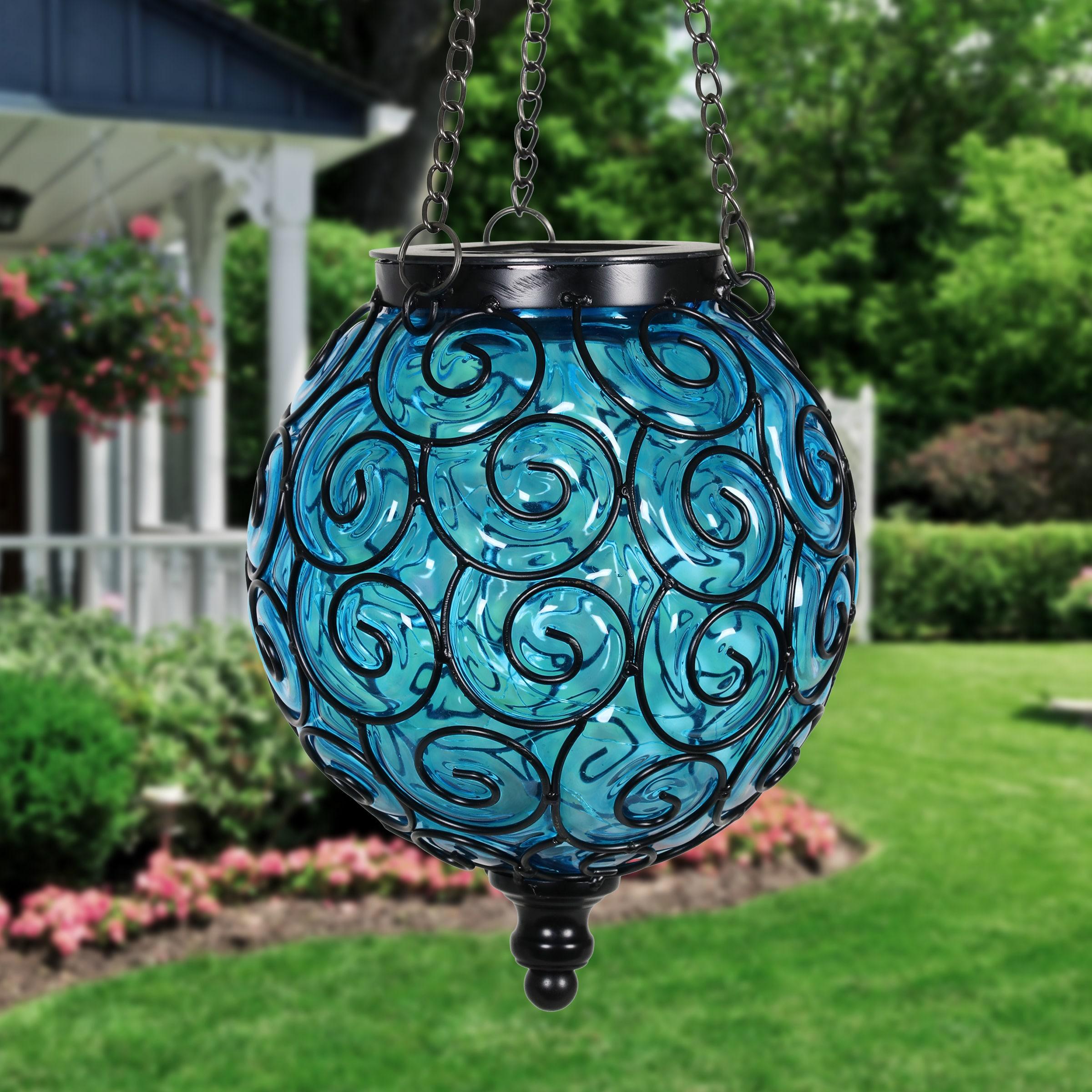 Exhart Solar Round Glass and Metal Hanging Lantern with 15 Cool White LED Firefly String Lights, 7 by 21"