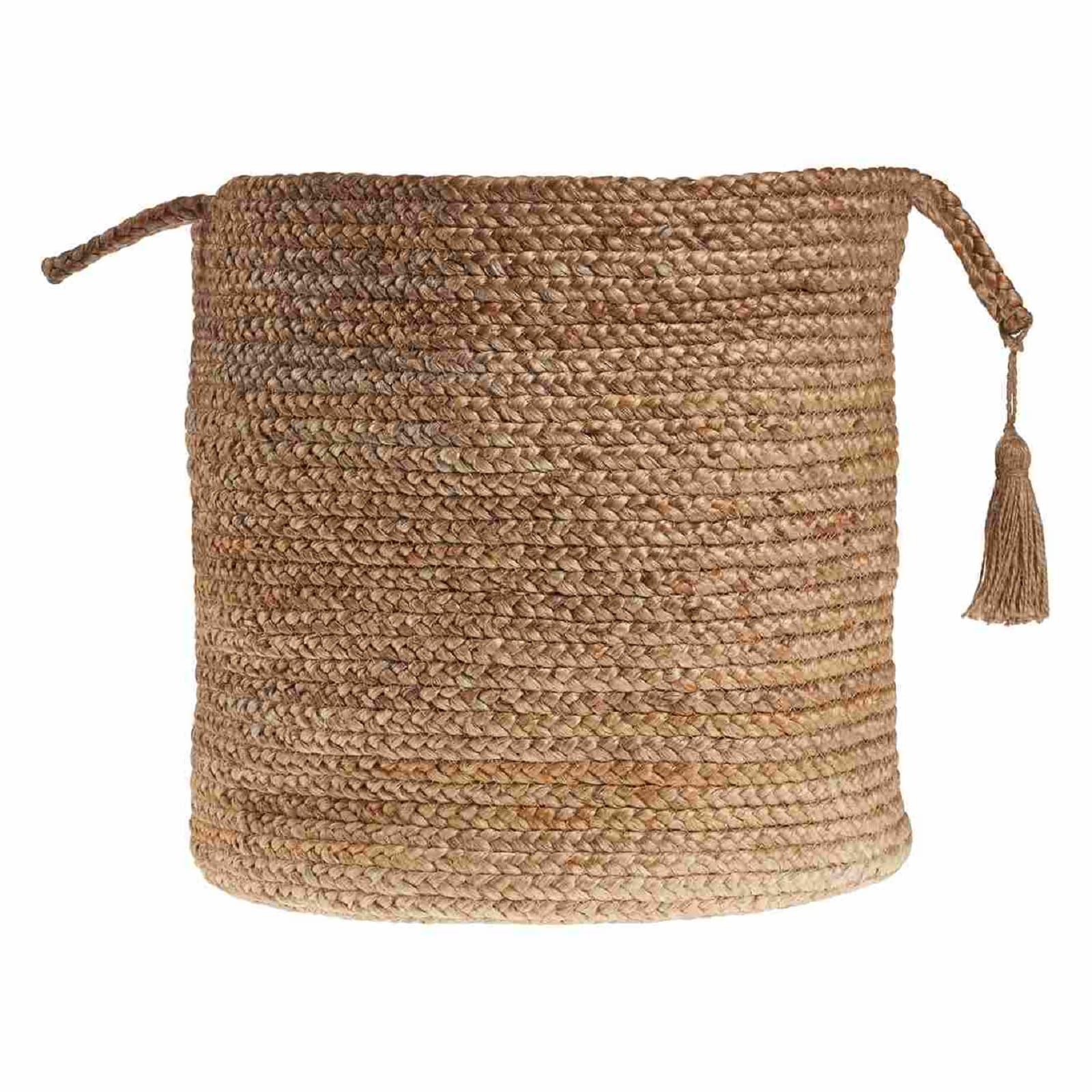 LR Home Braided Round Jute 17" Storage Basket with Handles, Natural/Tan Solid