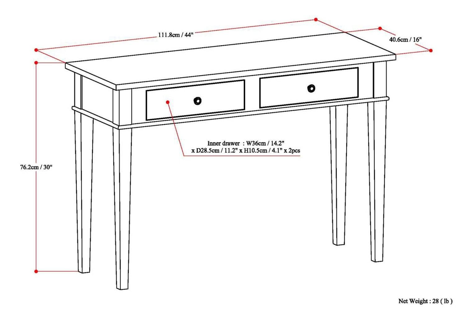 Simpli Home Carlton 44"W Solid Wood Storage Console Table in Dark Tobacco Brown with 2 Drawers