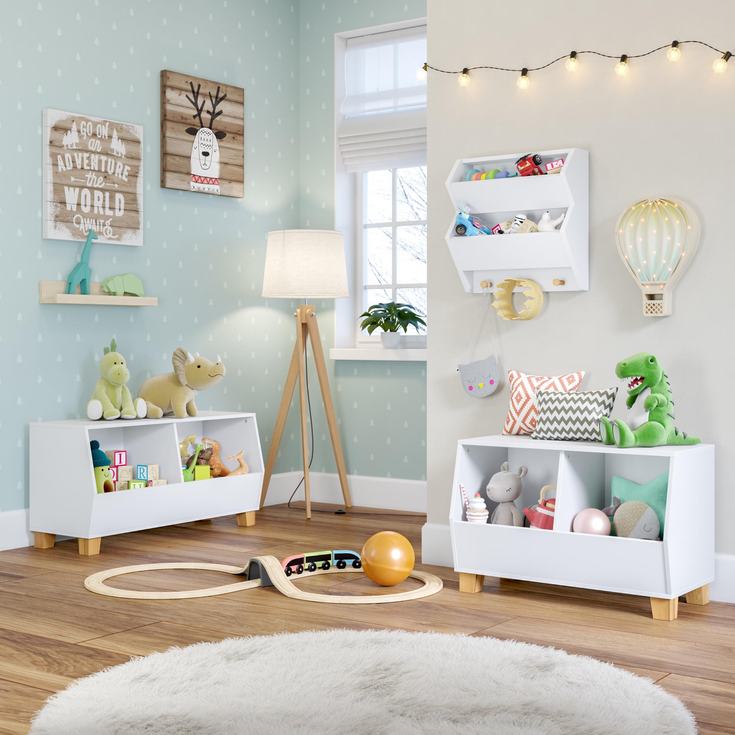 RiverRidge Kids Catch-All Wall Bookshelf with 2 Toy Storage Cubbies and 3 Wooden Hooks for Playroom, Nursery, and Reading Nook - White