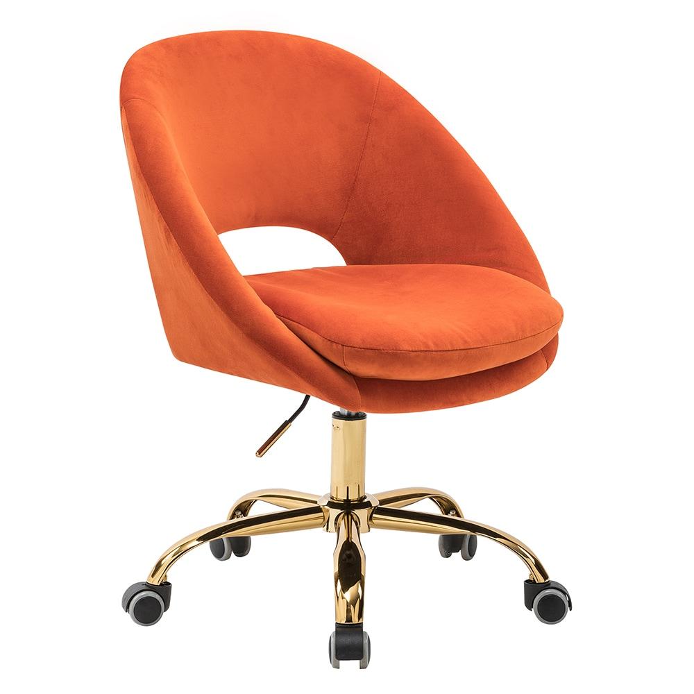 Ergonomic Velvet Swivel Task Chair in Orange with Metal and Wood Frame