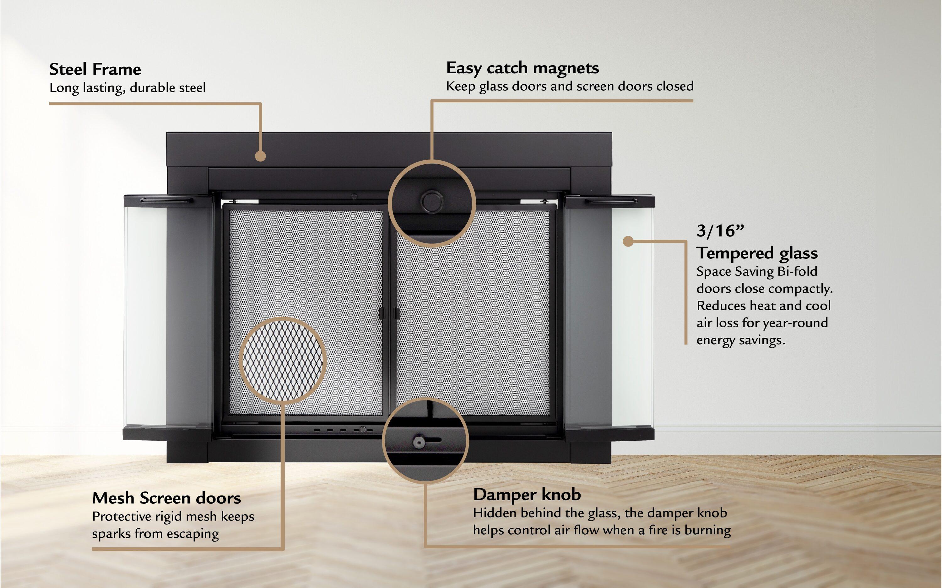 Collin Large Gunmetal Fireplace Glass Doors with Mesh Panels