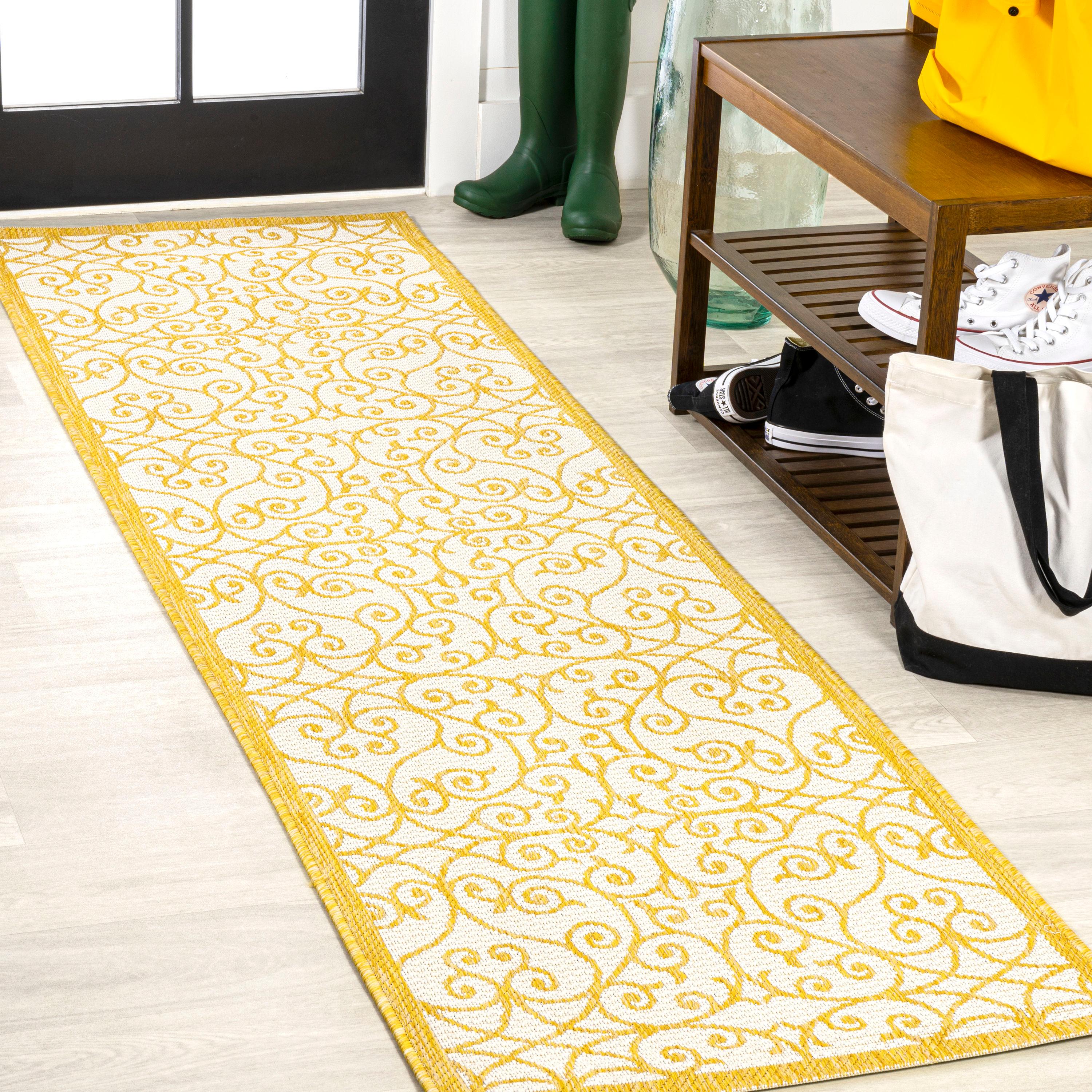 2' x 8' Madrid Vintage Filigree Textured Weave Indoor/Outdoor Runner Rug, Cream/Yellow - JONATHAN Y