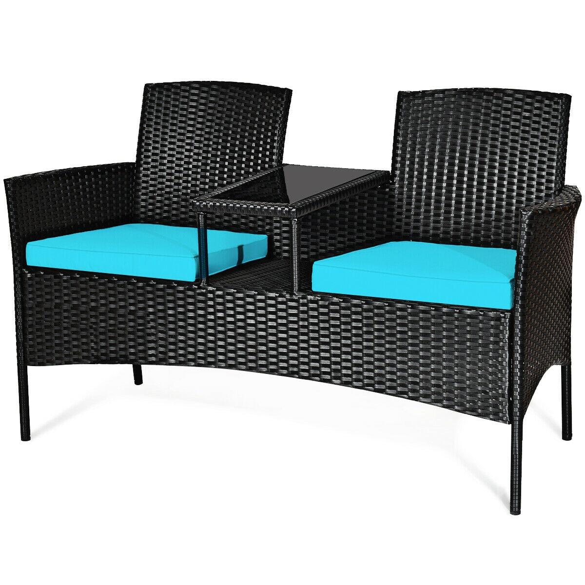 Tangkula Outdoor Rattan Furniture Wicker Patio Conversation Chair W/Cushions Turquoise