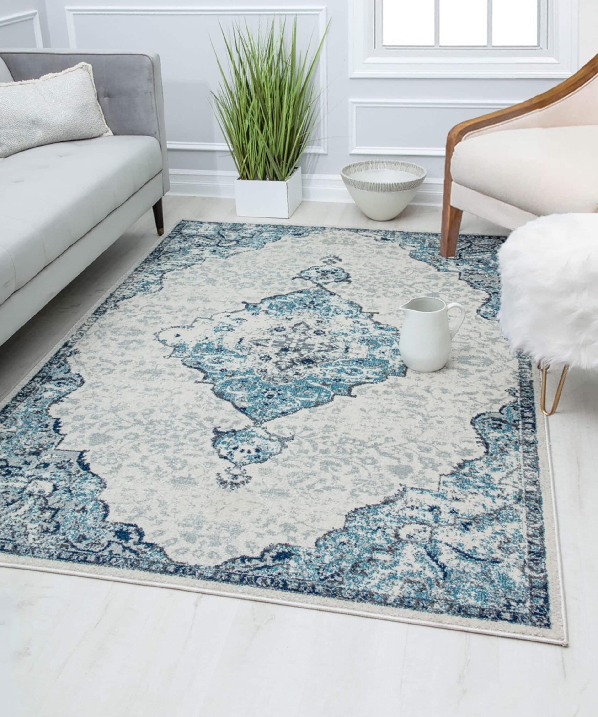 Rugs America Harper HY50G Bluebonnet Transitional Vintage Area Rug for Dining Room Rug Neutral Rug Living Room Rug Kitchen, 2'6"x4'