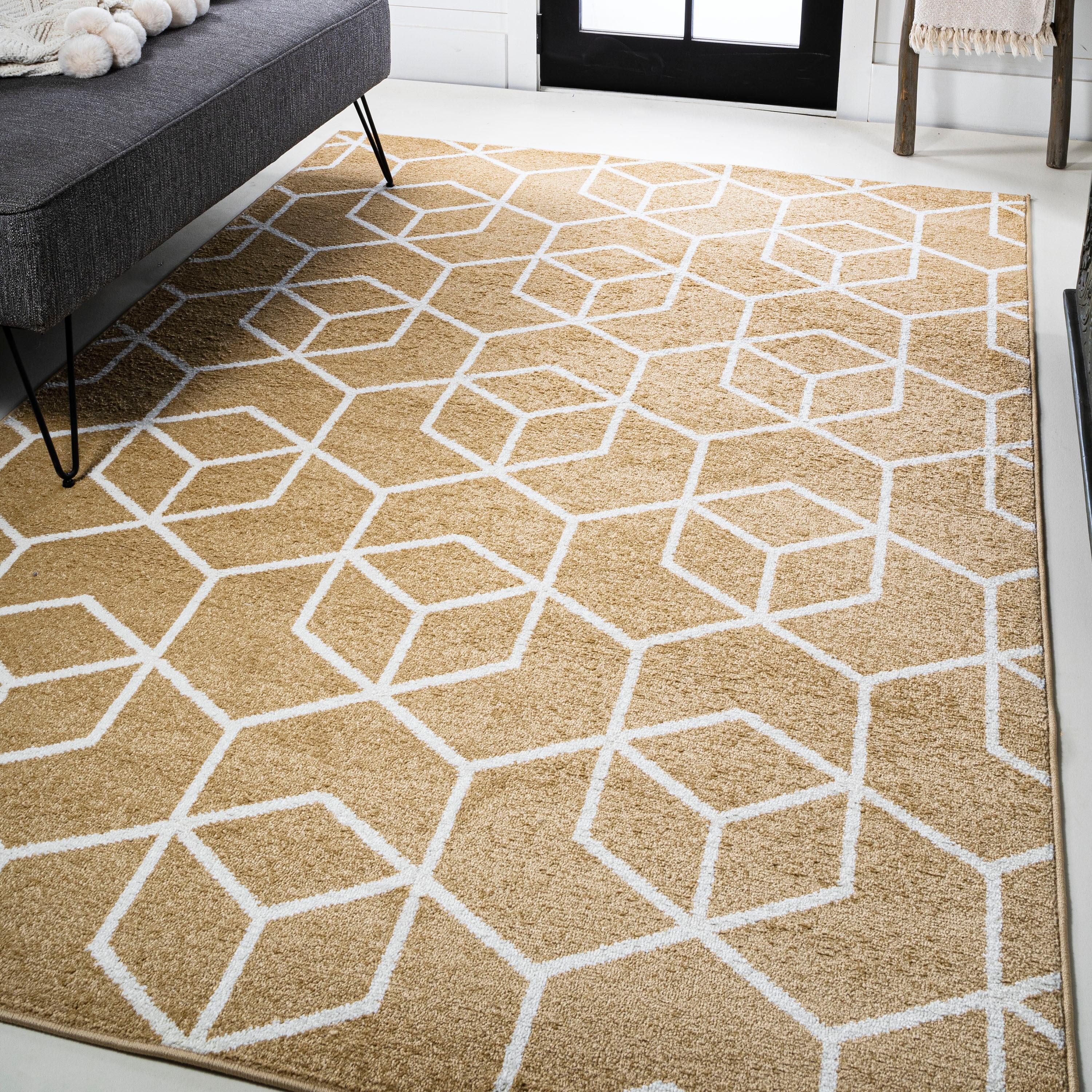 8'x10' Tumbling Blocks Modern Geometric Area Rug, Gold/White - JONATHAN Y