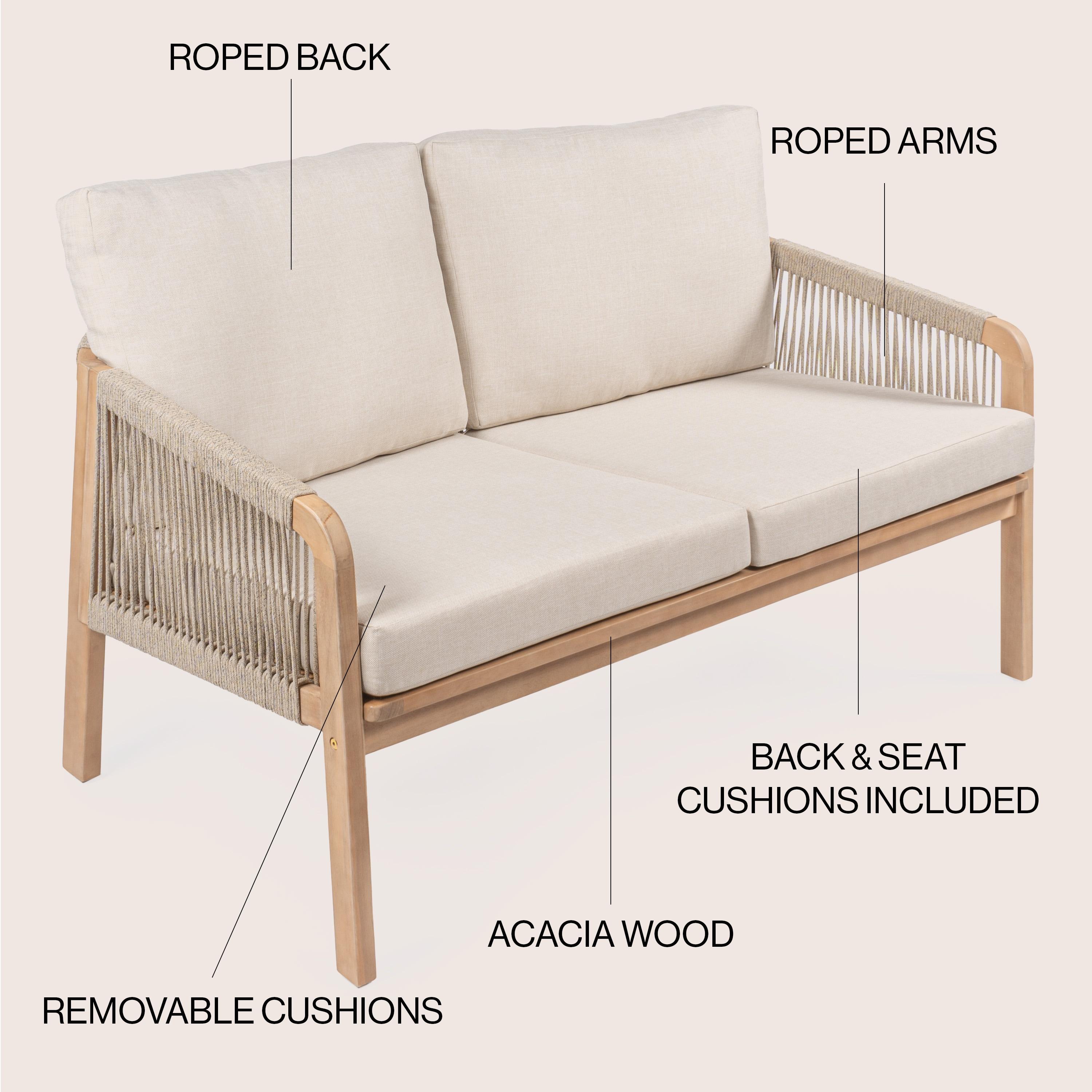 Arwen Modern Bohemian Roped Acacia Wood Outdoor Loveseat with Cushions, Beige/Light Teak - JONATHAN Y