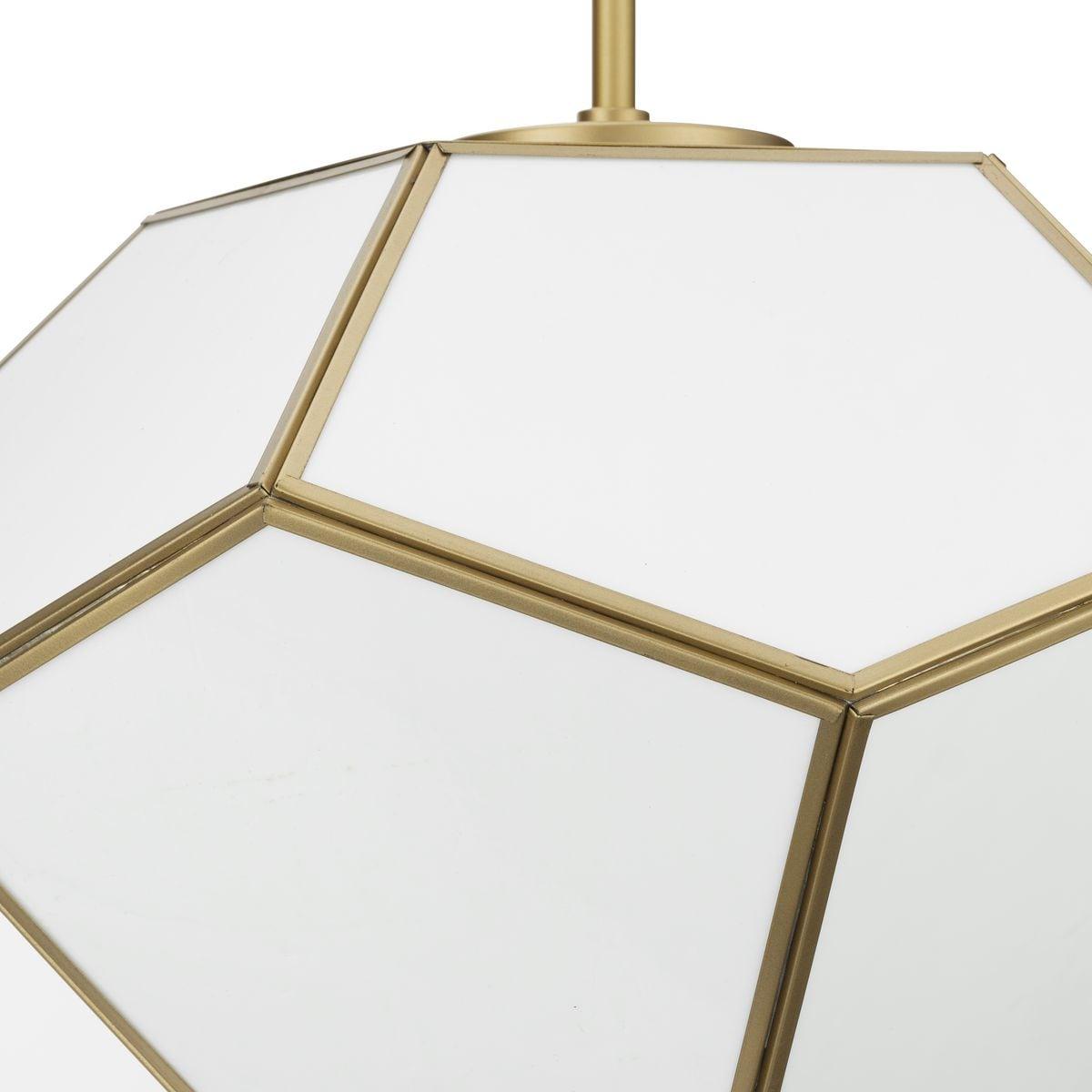 Progress Lighting Latham 3-Light Semi-Flush Mount, Vintage Gold, White Art Glass. Geometric framework with handmade glass.