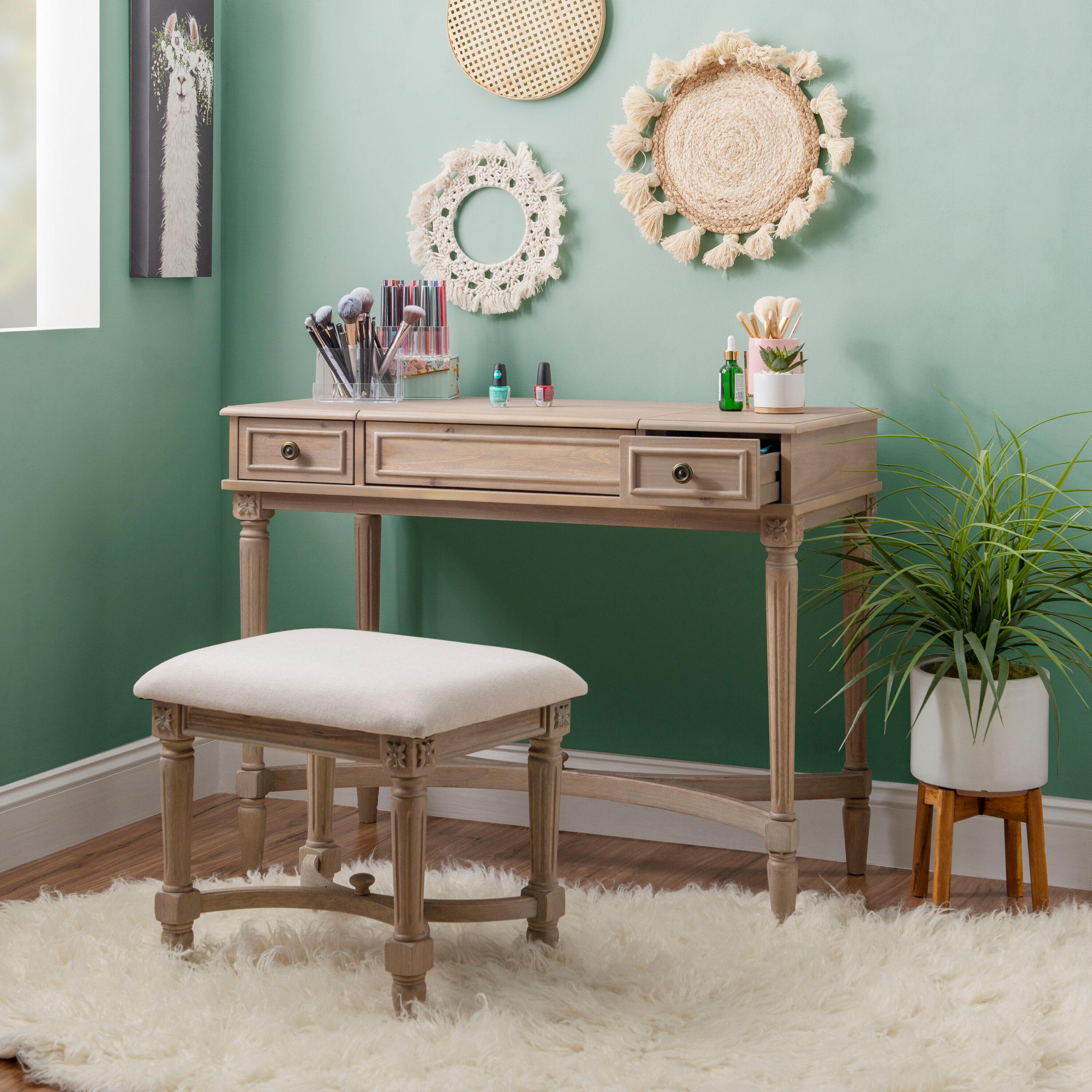 Kelly Clarkson Home June Natural Two Drawer Flip Top Vanity Set with Stool