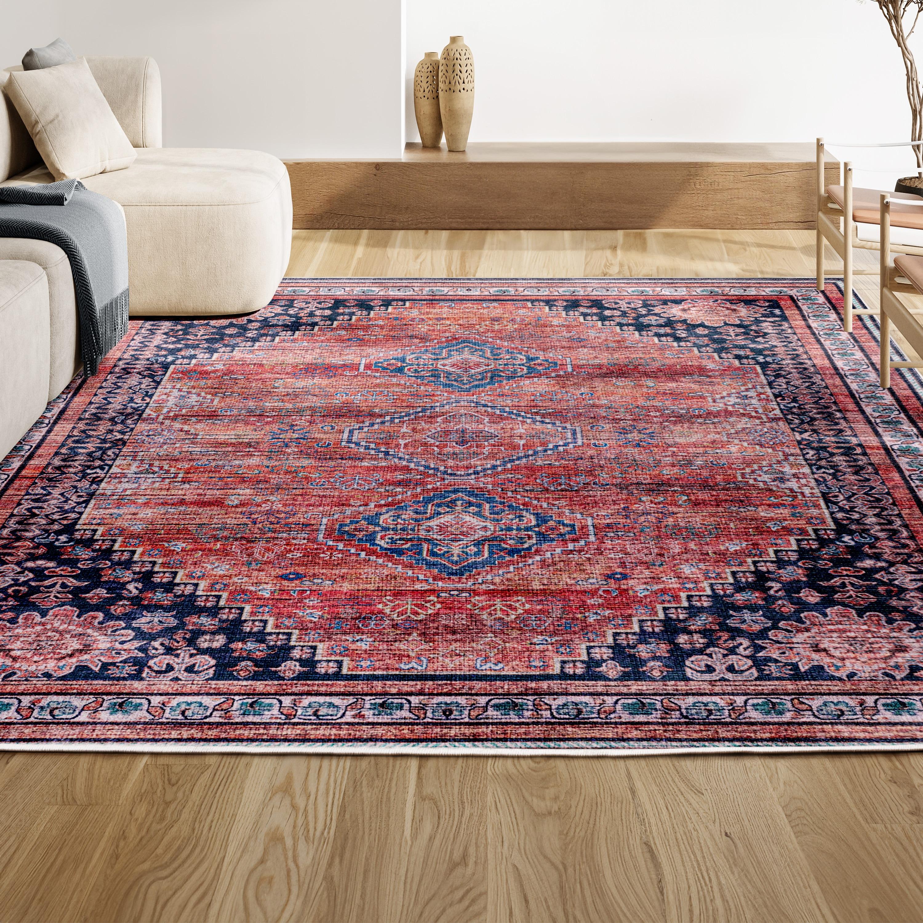4' x 6' Dalyan Geometric Medallions Machine Washable Indoor/Outdoor Area Rug, Terra/Navy - JONATHAN Y