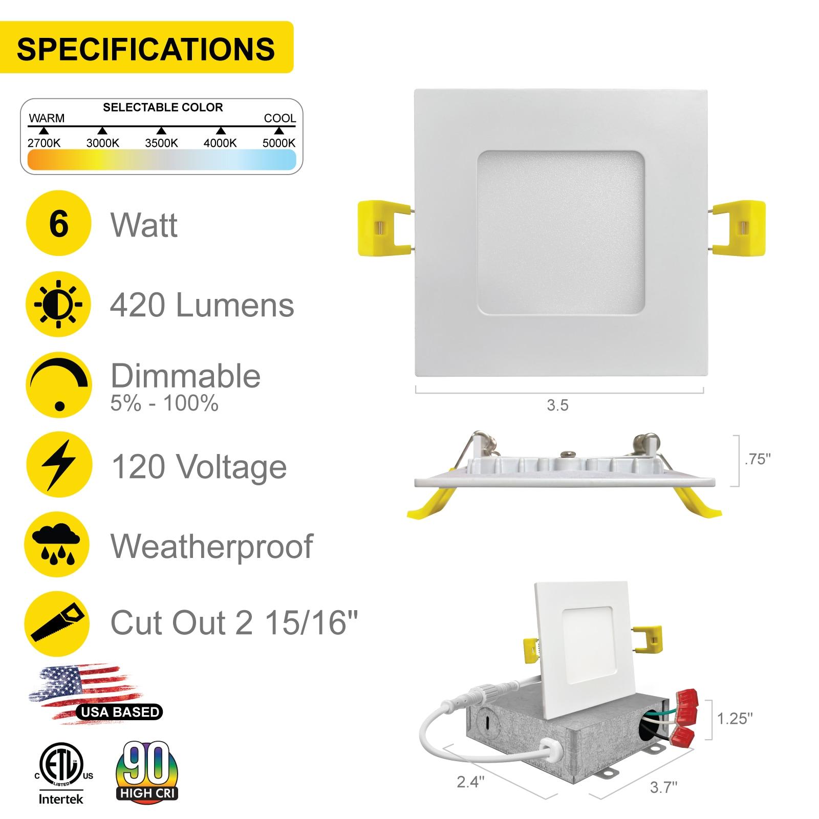 Panel Downlight 3.75'' Selectable Color Temperature Dimmable Air-Tight IC Rated LED Canless Recessed Lighting Kit