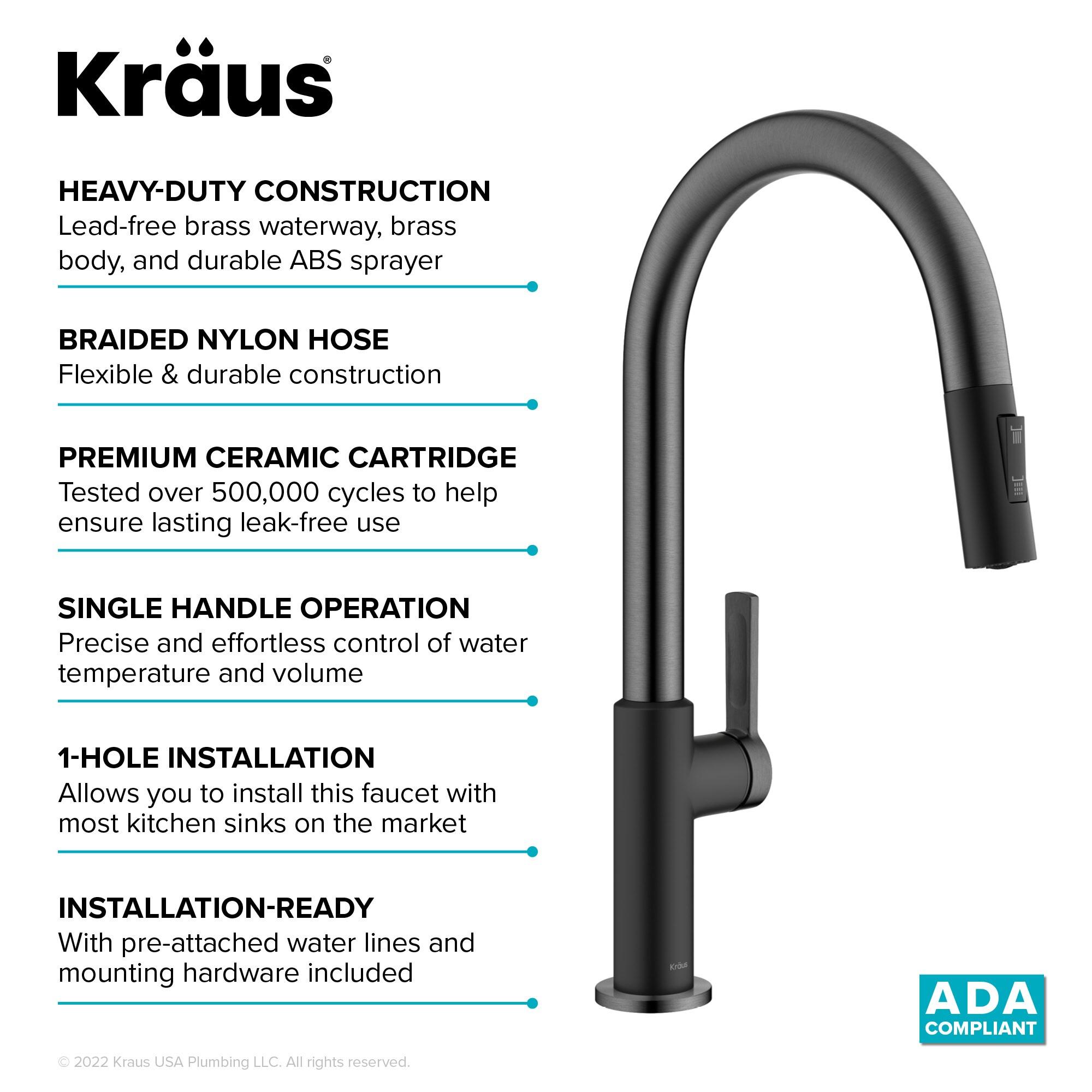 KRAUS Oletto Single Handle Pull Down Kitchen Faucet in Matte Black / Spot Free Black