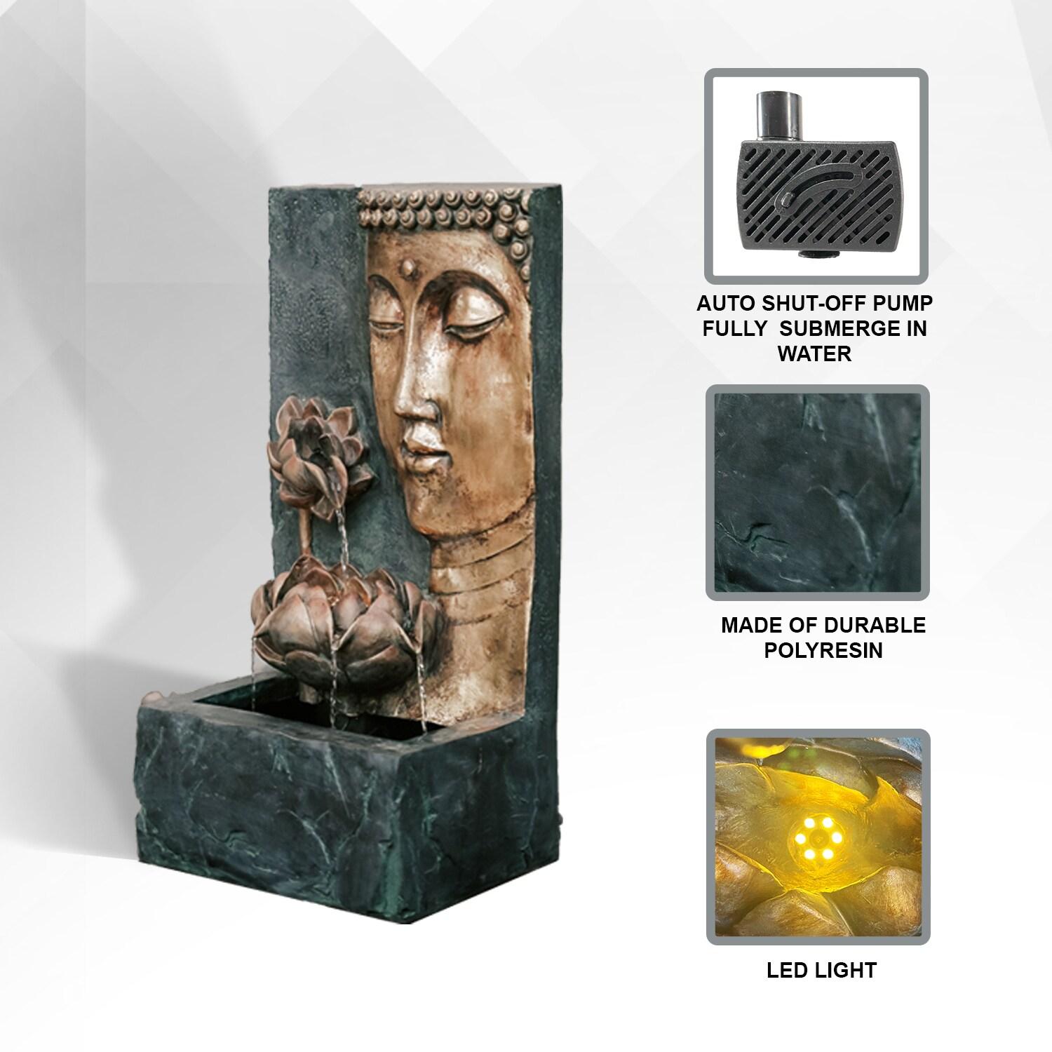 XBrand 30" H Zen Buddha Face Water Fountain w/ LED light & Pump, Indoor/Outdoor Freestanding, Relaxing Zen Décor, Bronze and Natural Grey Polyresin Fountain for Home Patio Garden Backyard