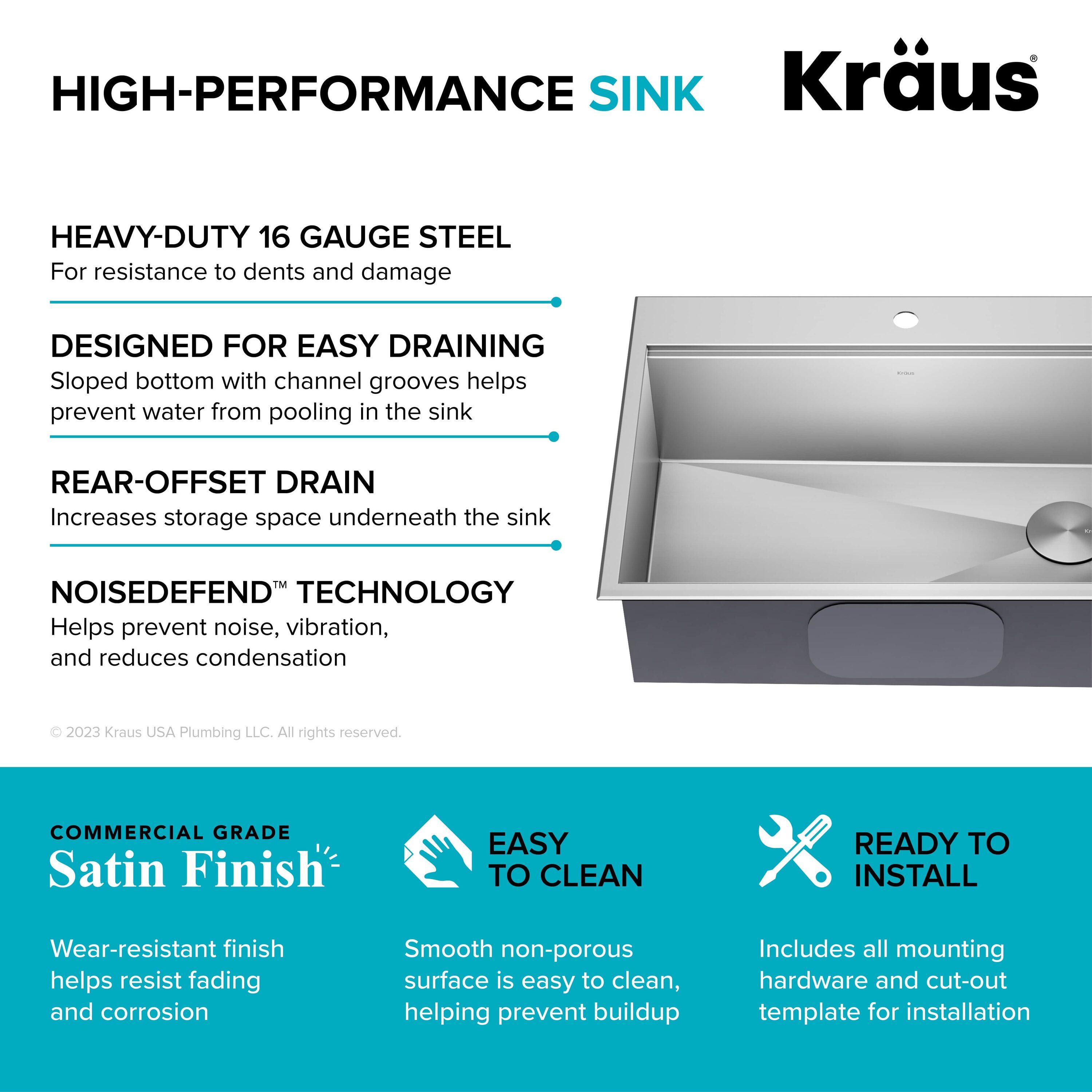 KRAUS Kore™ Workstation Drop-In 16 Gauge Single Bowl Stainless Steel Kitchen Sink