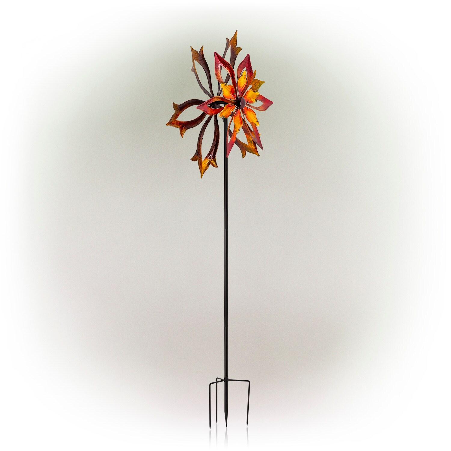 96" Glass/Iron Outdoor Flower Dual Kinetic Spinner Stake Red/Yellow - Alpine Corporation: Yard Art Decor