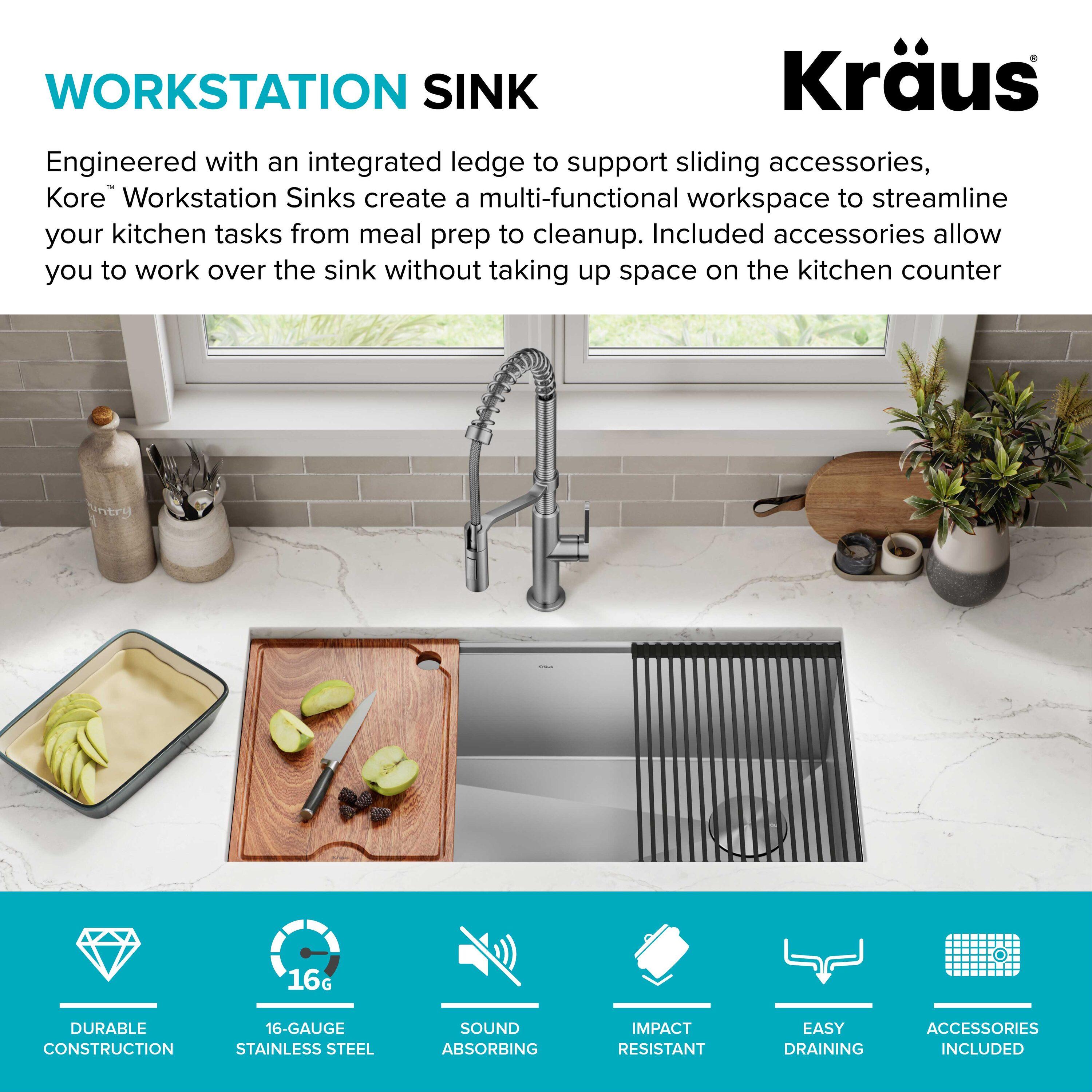 KRAUS Kore™ 36" L Undermount Workstation 16 Gauge Stainless Steel Single Bowl Kitchen Sink with Accessories