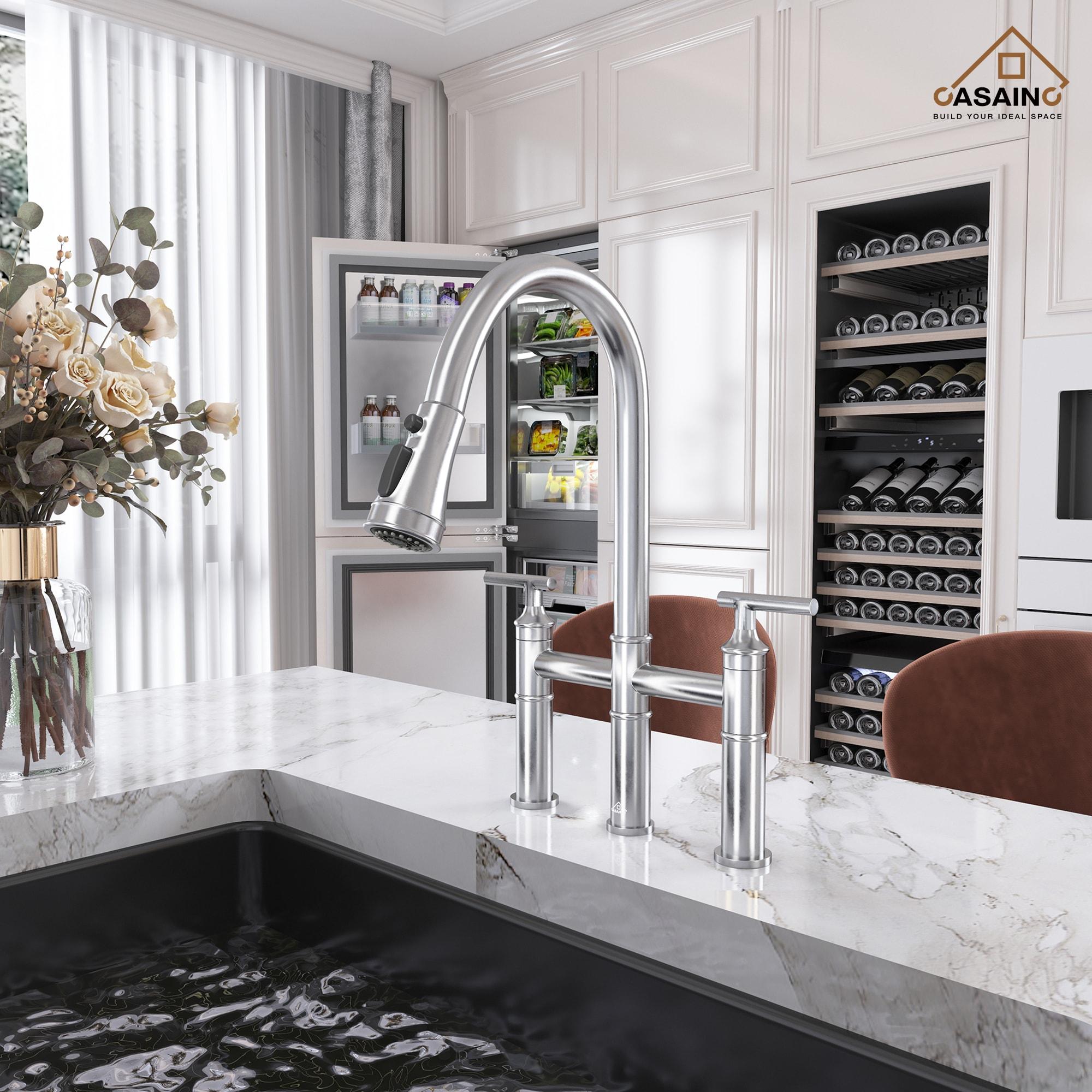 CASAINC Sleek 2-Handle Bridge Kitchen Faucet with Three Function Pull-Down Sprayhead 1.8 GPM KCLT0001-BN