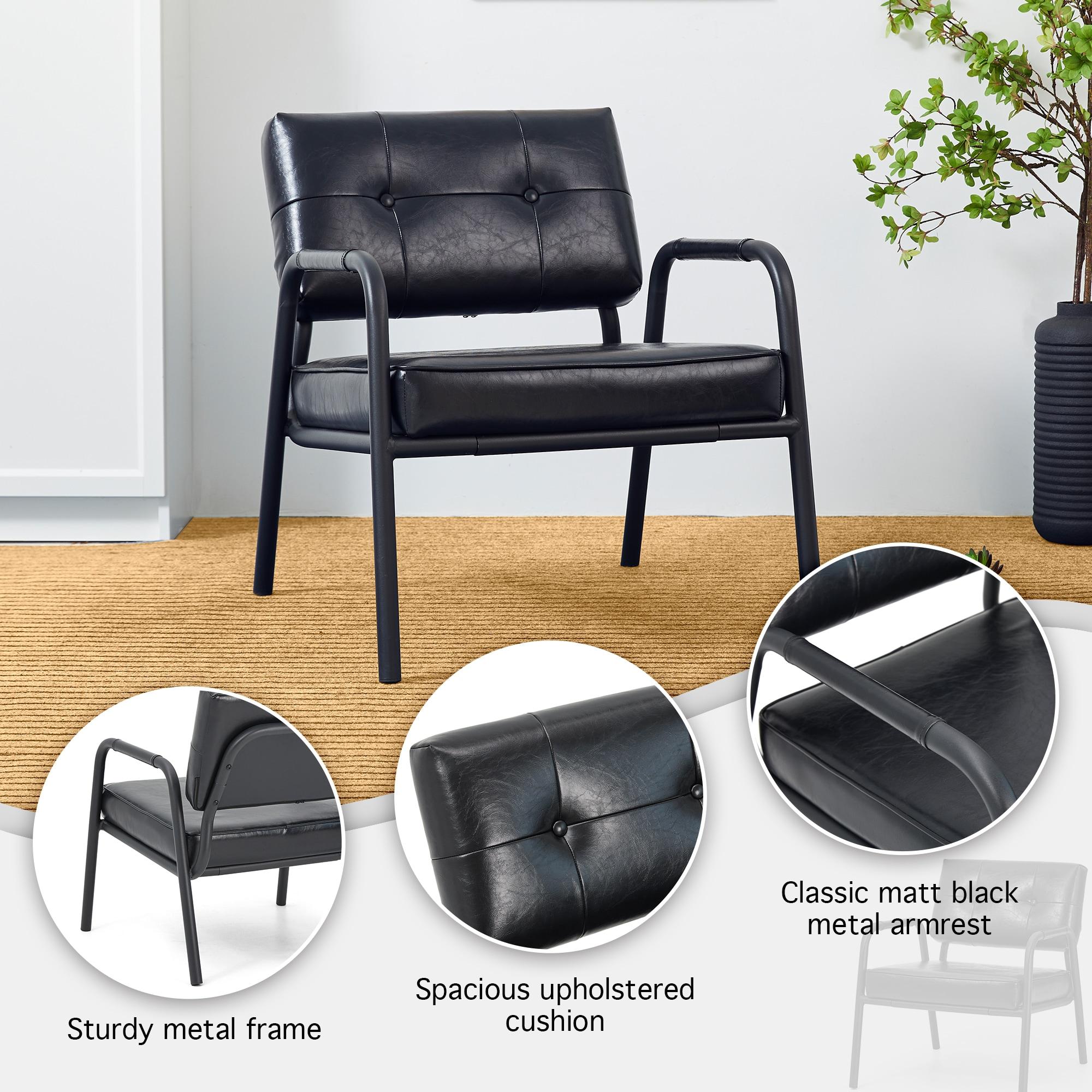Mid-Century Modern Leatherette Arm Accent Chair Frosted Black Metal Frame Black - Glitzhome