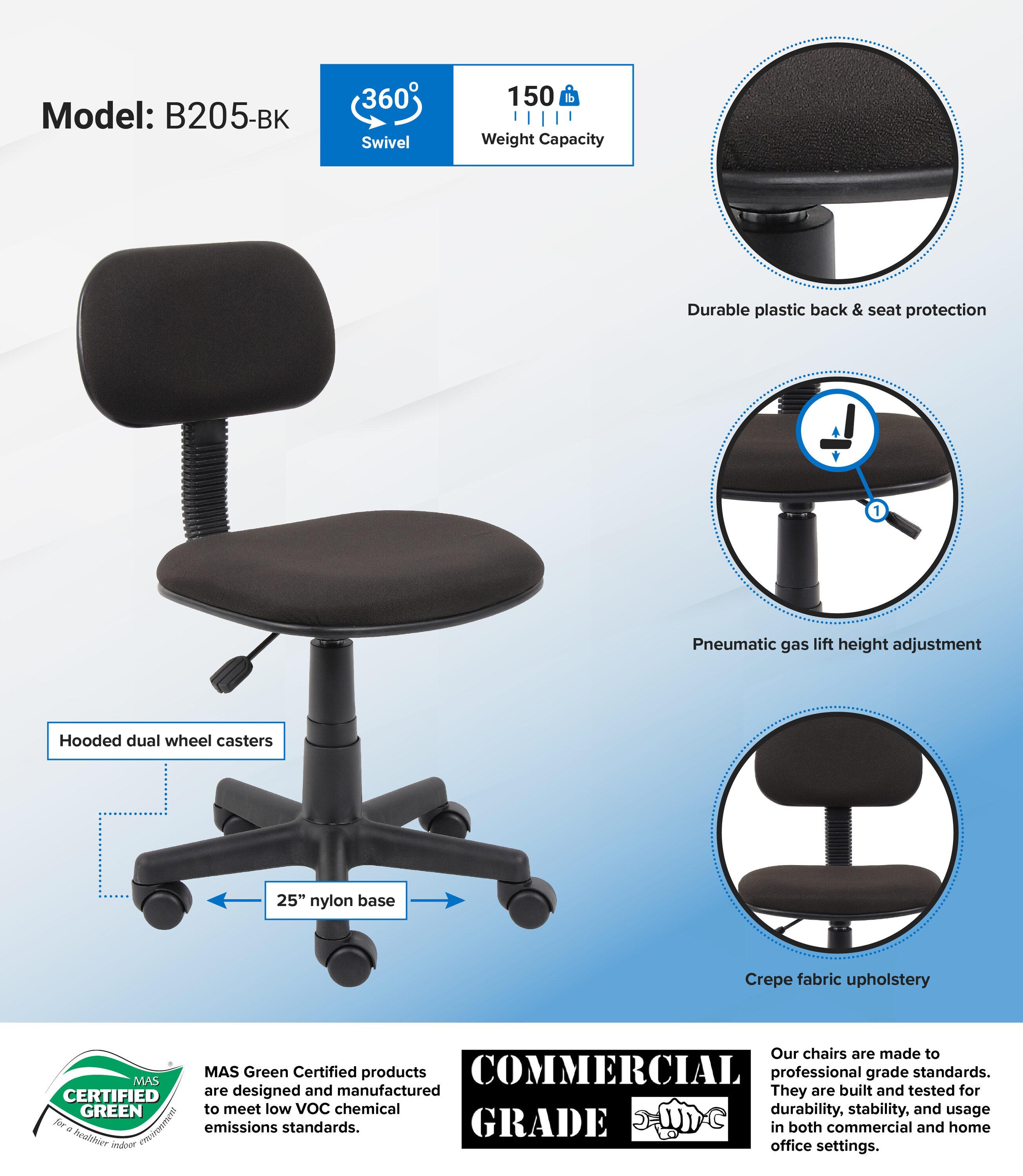 Fabric Steno Chair Black - Boss Office Products: Pneumatic Lift, Nylon Base, Swivel Casters