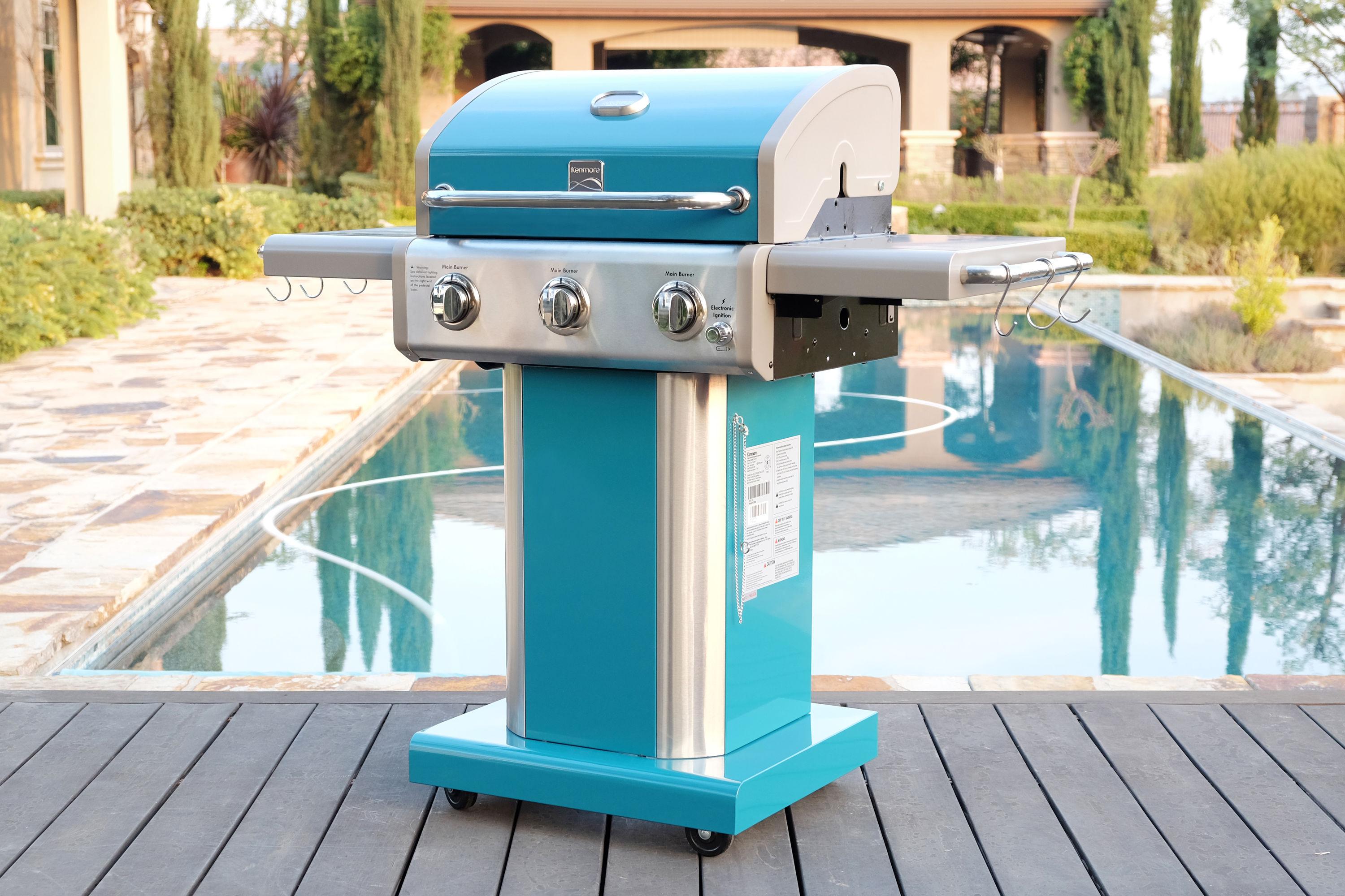 Kenmore 3-Burner Propane Gas Grill with Foldable Side Tables for Outdoor BBQ