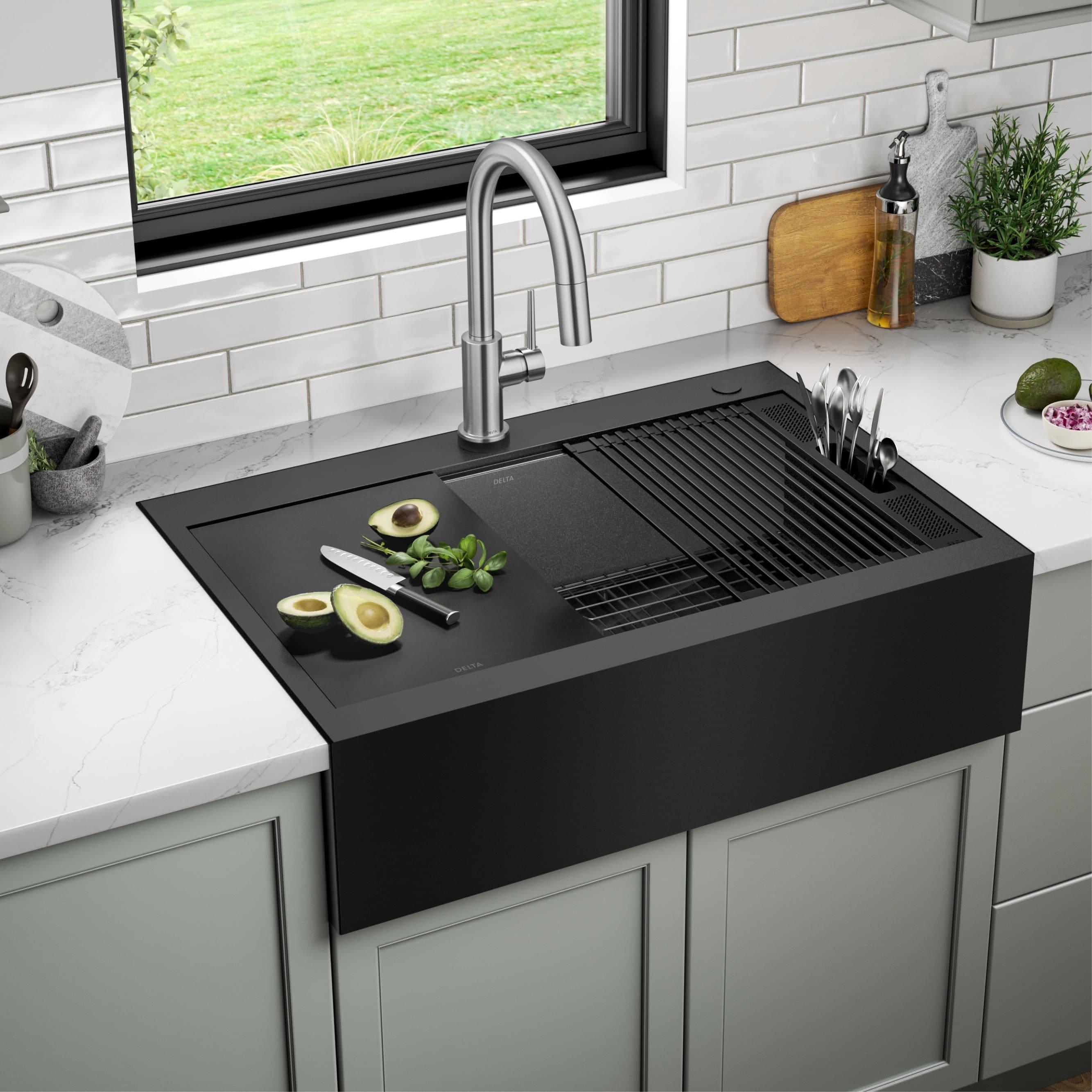 Delta Rivet™ Black Stainless Steel Retrofit Farmhouse Apron Front 16 Gauge Workstation Kitchen Sink Single Bowl