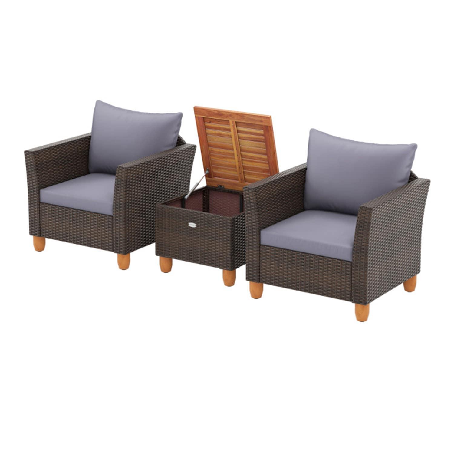 Resenkos 3 Pieces Patio Wicker Conversation Set, Outdoor Furniture Garden Conversation Bistro Sets with Coffee Table and Cushions-Black