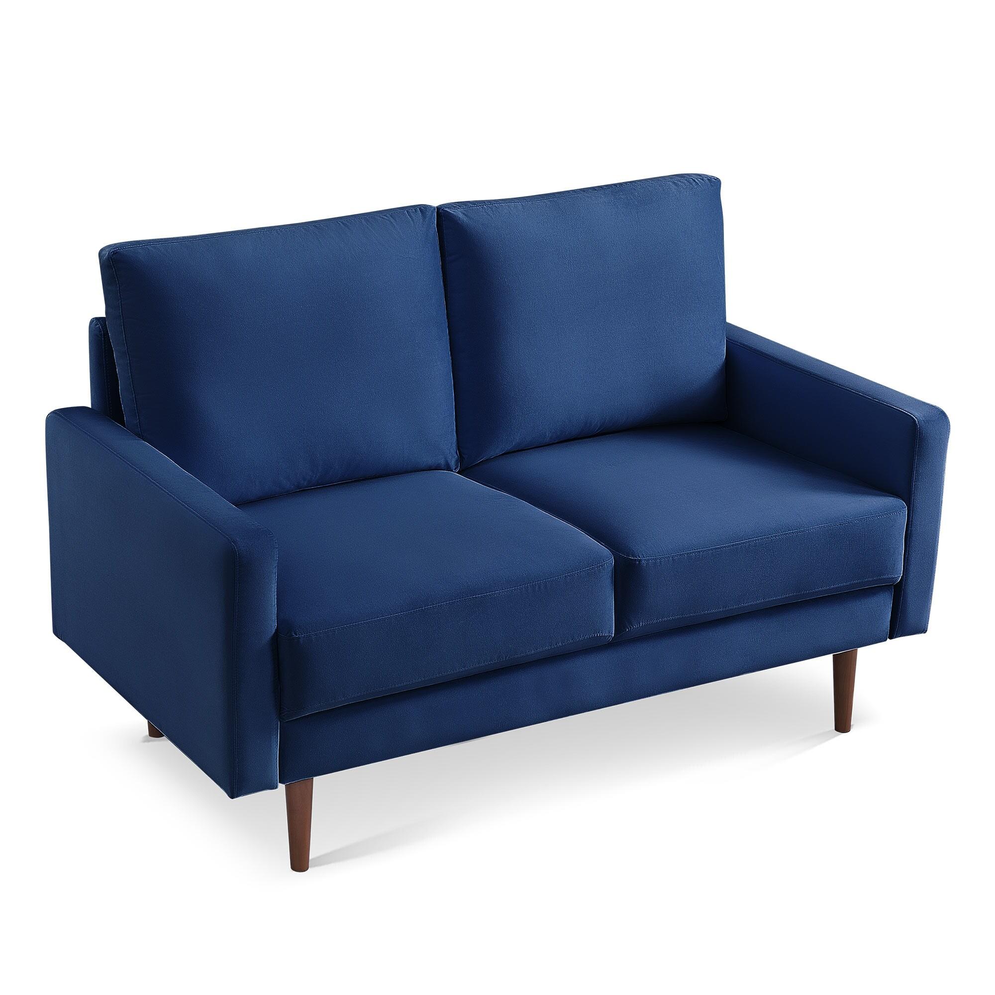 57 Inch Wide Upholstered Two Cushion Loveseat with Square Arms in Blue Velvet