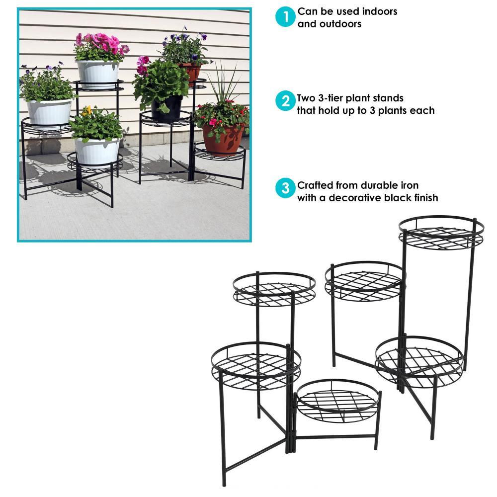 Sunnydaze Iron Metal 3-Tiered Decorative Flower Plant Pot Holder Stand Display - Black - 2pk