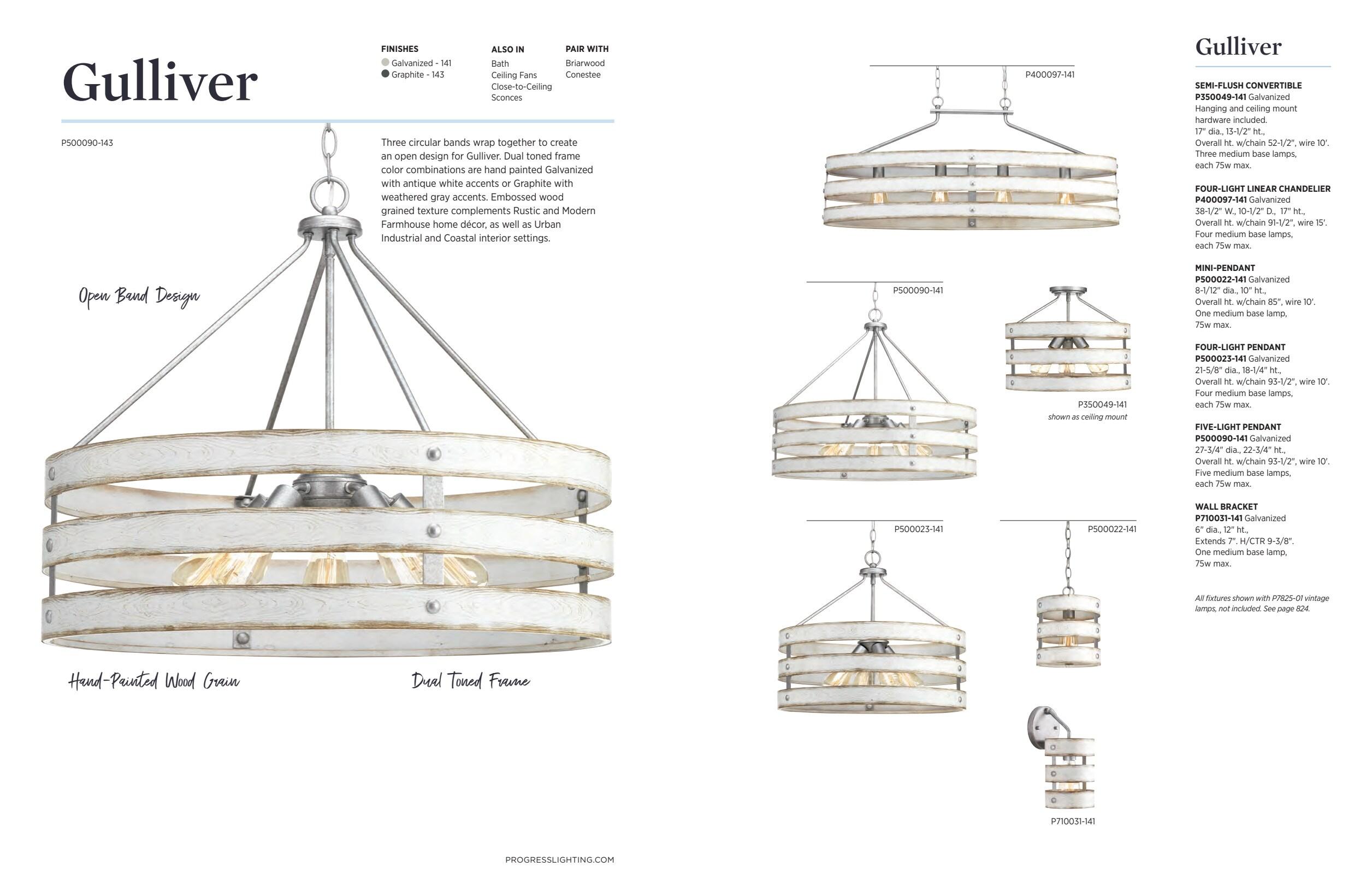 Progress Lighting Gulliver 3-Light Semi-Flush Convertible Ceiling Light, Graphite, Wood Grained Texture