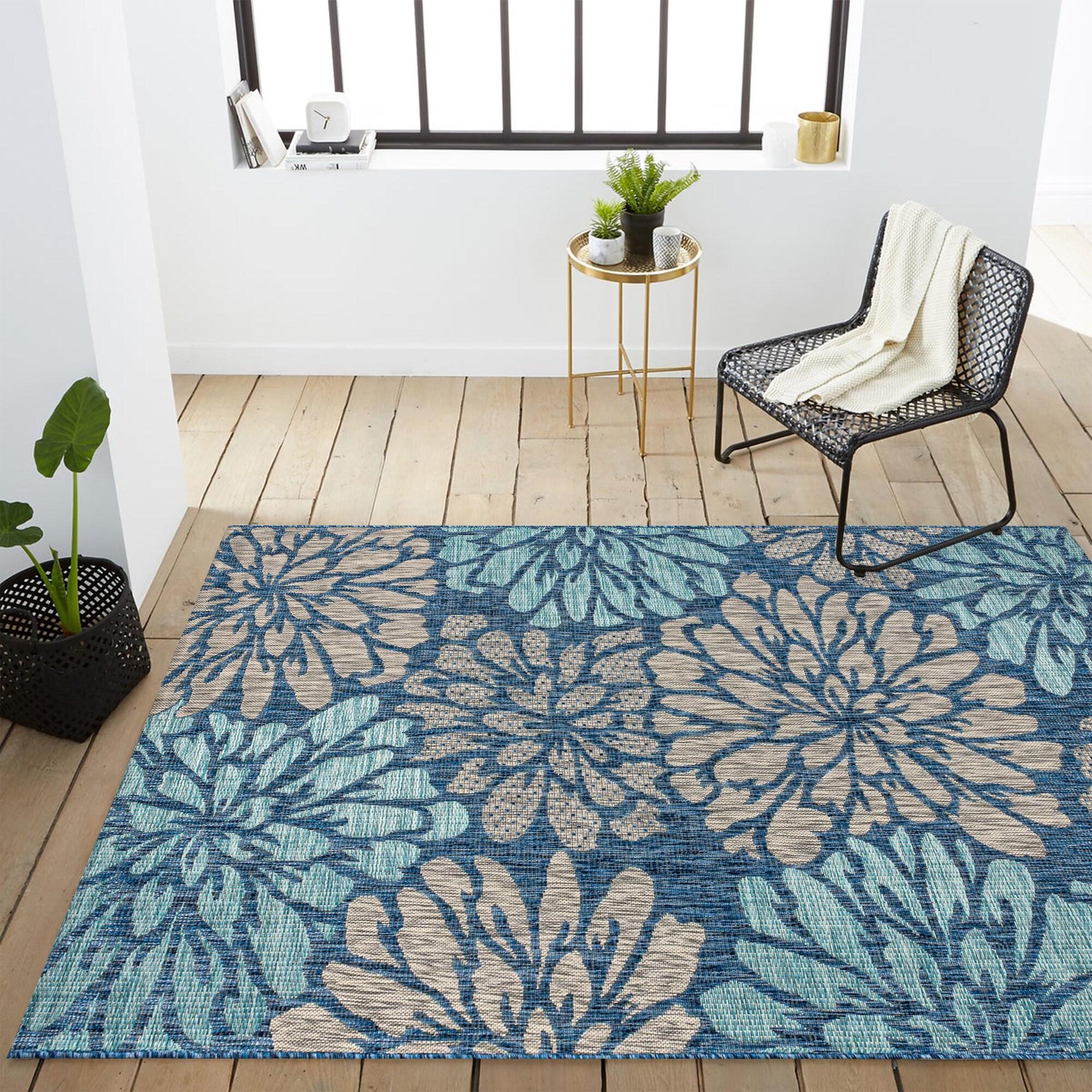 3'x5' Zinnia Modern Floral Textured Weave Indoor/Outdoor Area Rug, Navy/Aqua - JONATHAN Y