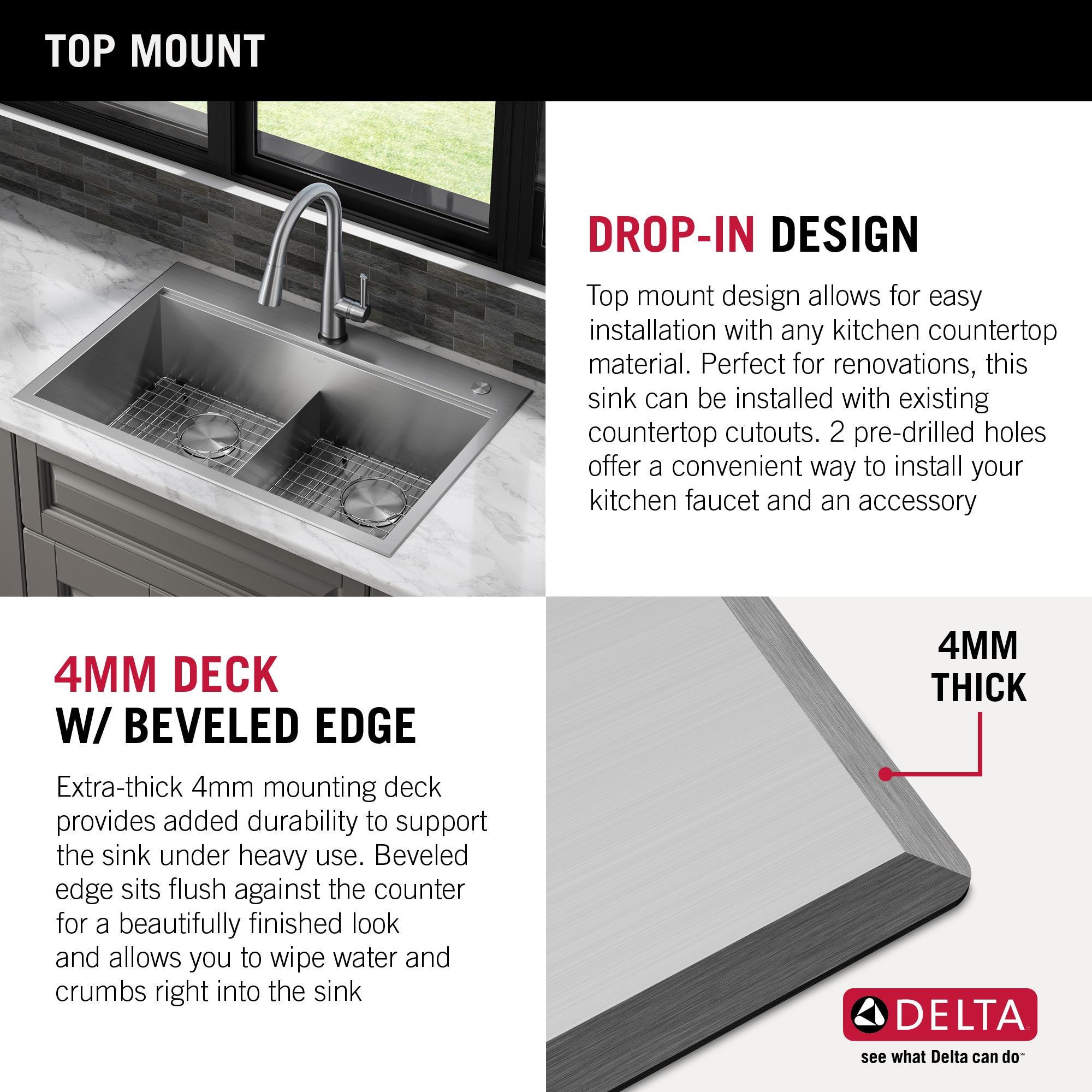 Delta Rivet™ 33" L Workstation Kitchen Sink Drop-In Top Mount 16 Gauge Stainless Steel 50/50 Double Bowl