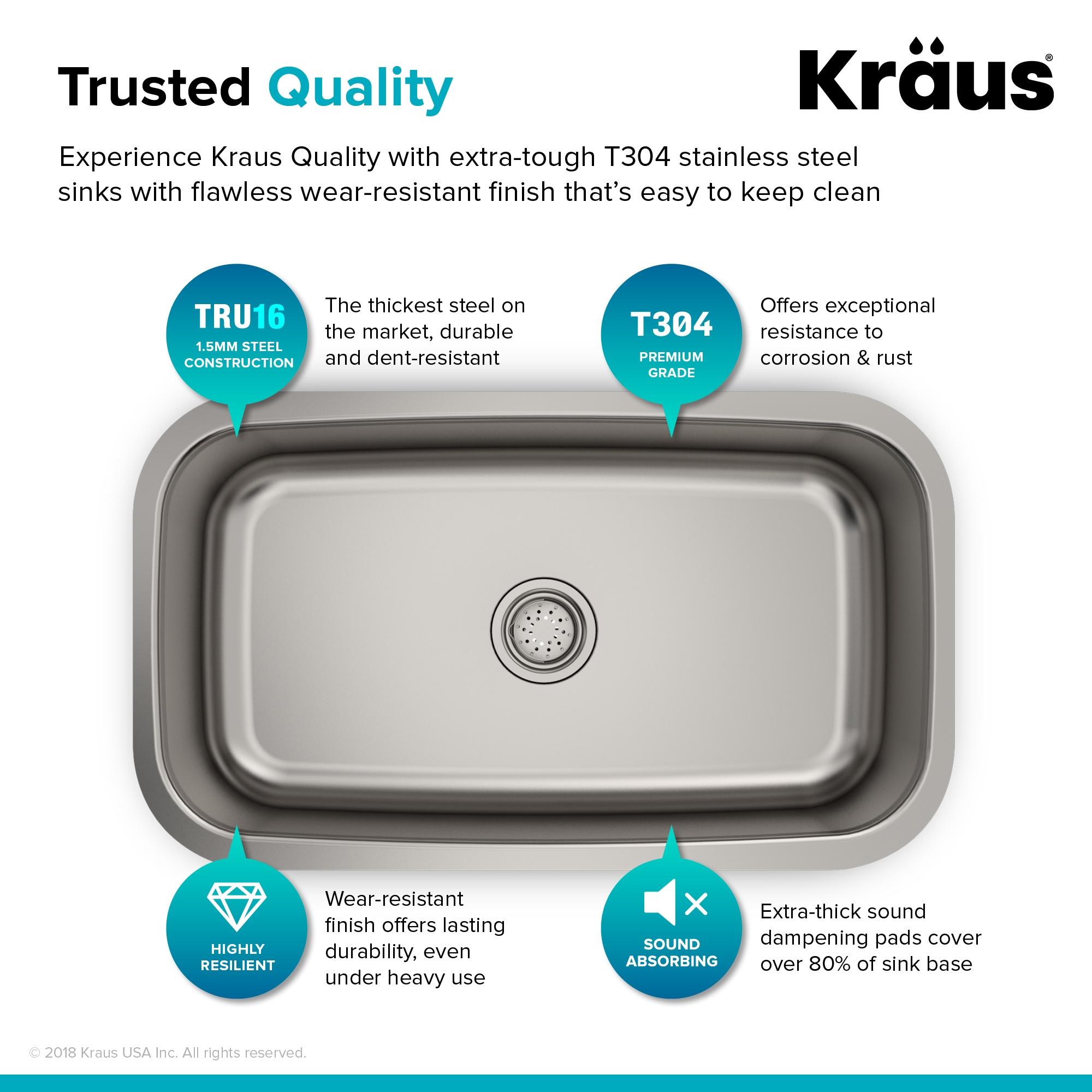 KRAUS Premier 16 Gauge Undermount Single Bowl Stainless Steel Kitchen Sink