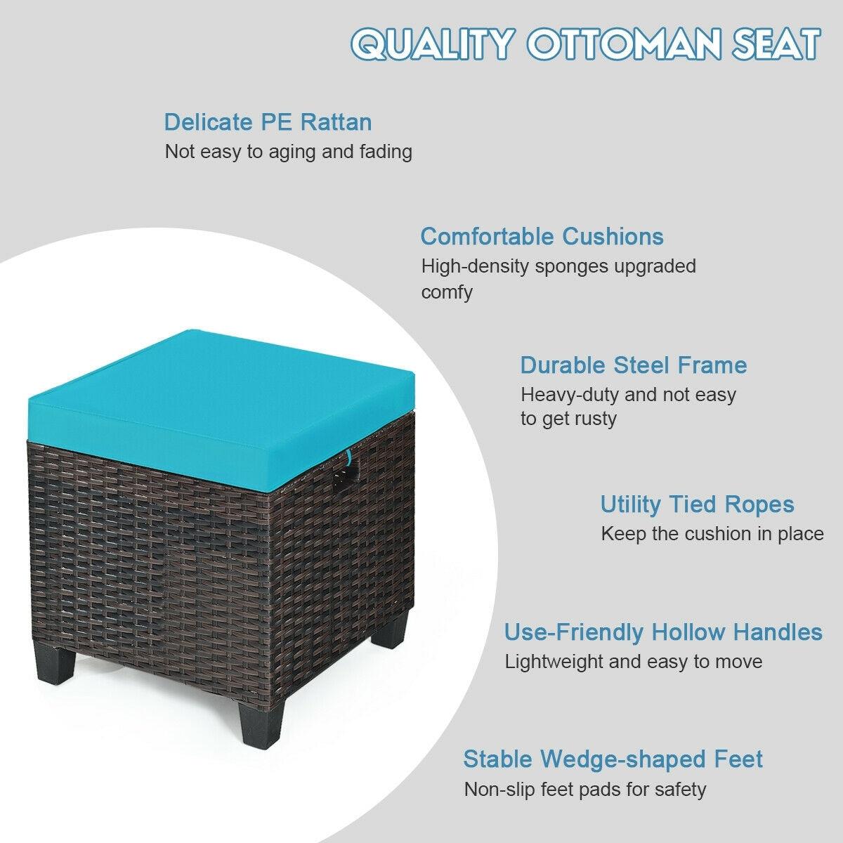 Costway 2PCS Patio Rattan Ottoman Cushioned Seat w/ Foot Rest Turquoise
