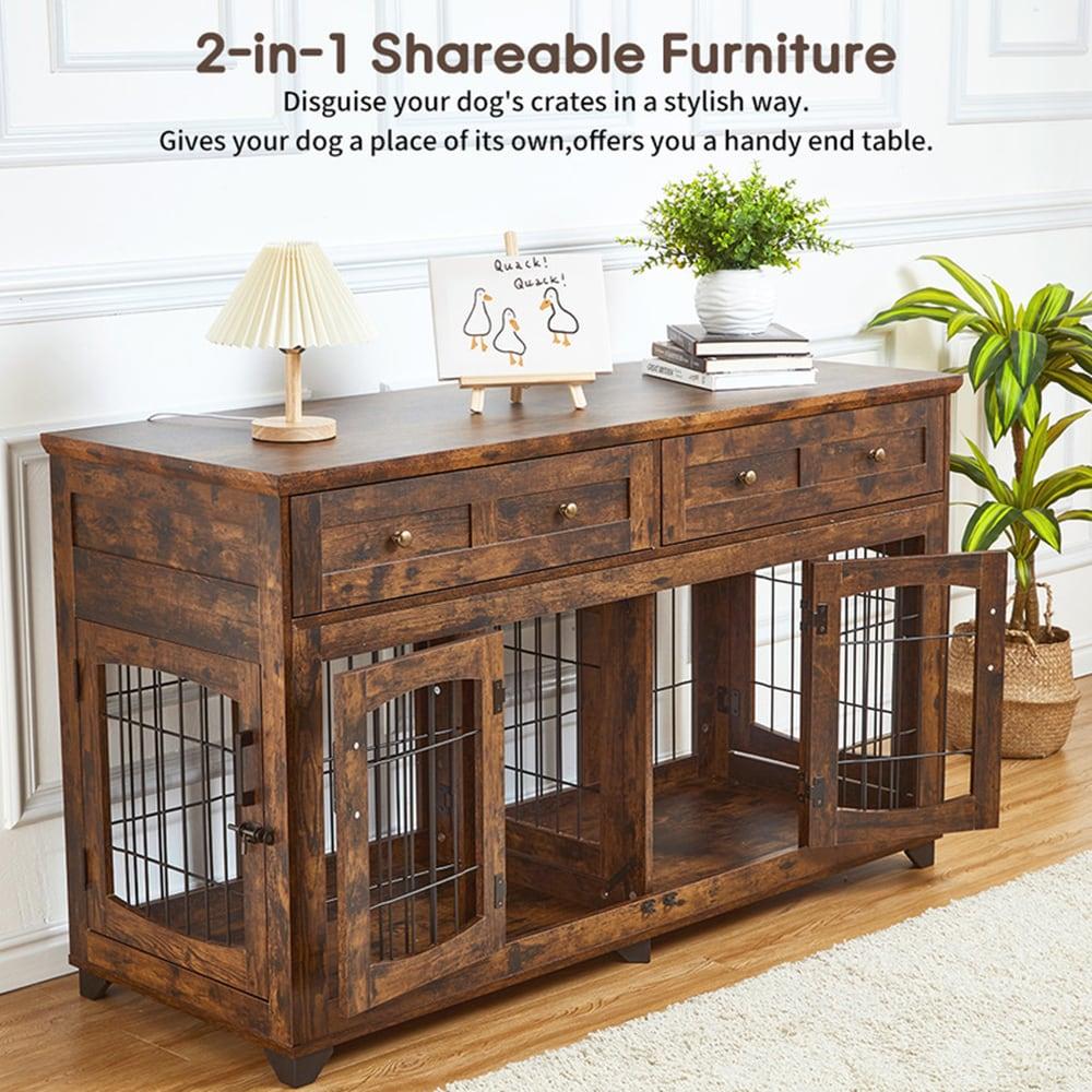 Dog Crate Furniture with 5 Doors, 58" Wooden Dog Kennel End Table with Large Capacity Drawers, Dog House with Openable Divider for Small/Medium/Large Dog,Dog Cage,Side End Table,Rustic Brown