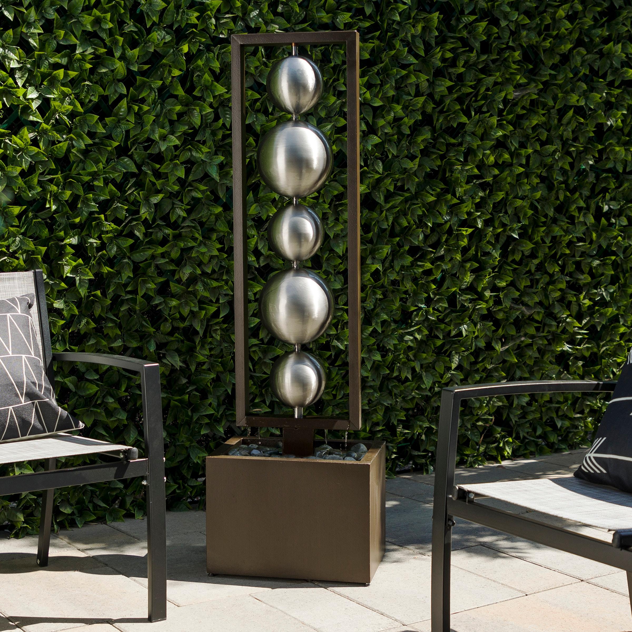 55" Metal Modern Column Fountain with Stainless Steel Orbs Silver/Brown - Alpine Corporation: Electric-Powered