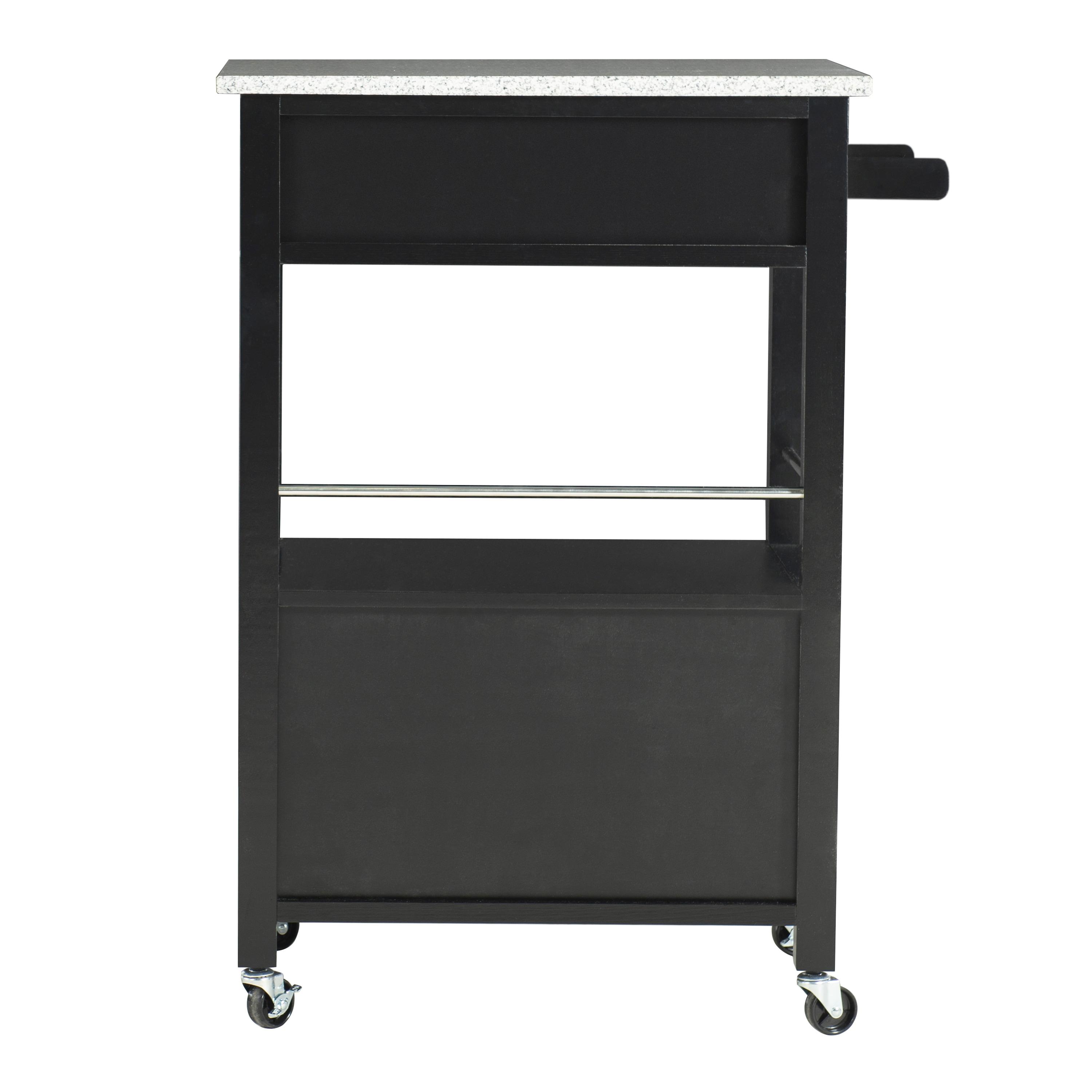 Mitchell Black Wood Granite Top Kitchen Cart: Storage, Towel Bar, Locking Casters - Linon