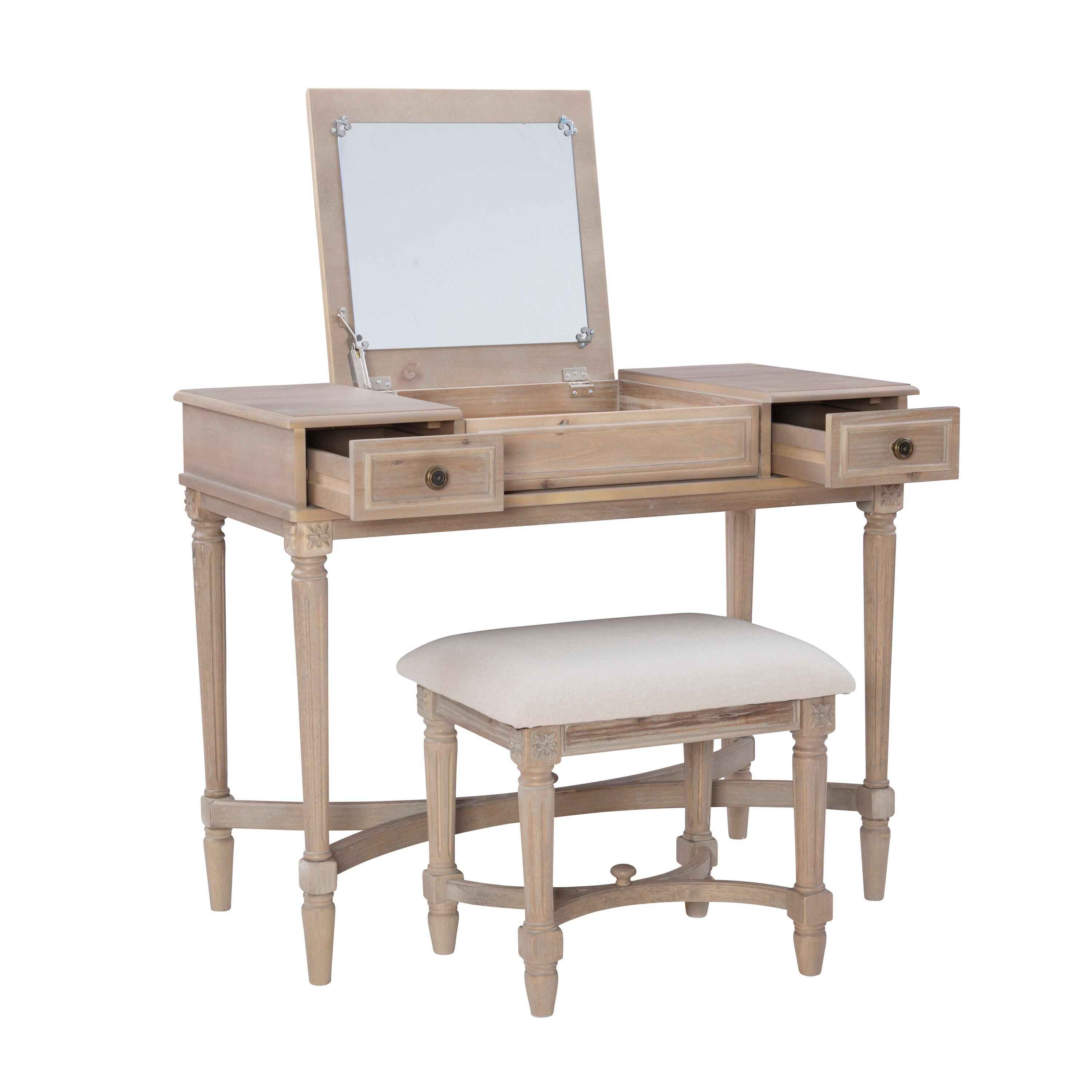 Kelly Clarkson Home June Natural Two Drawer Flip Top Vanity Set with Stool