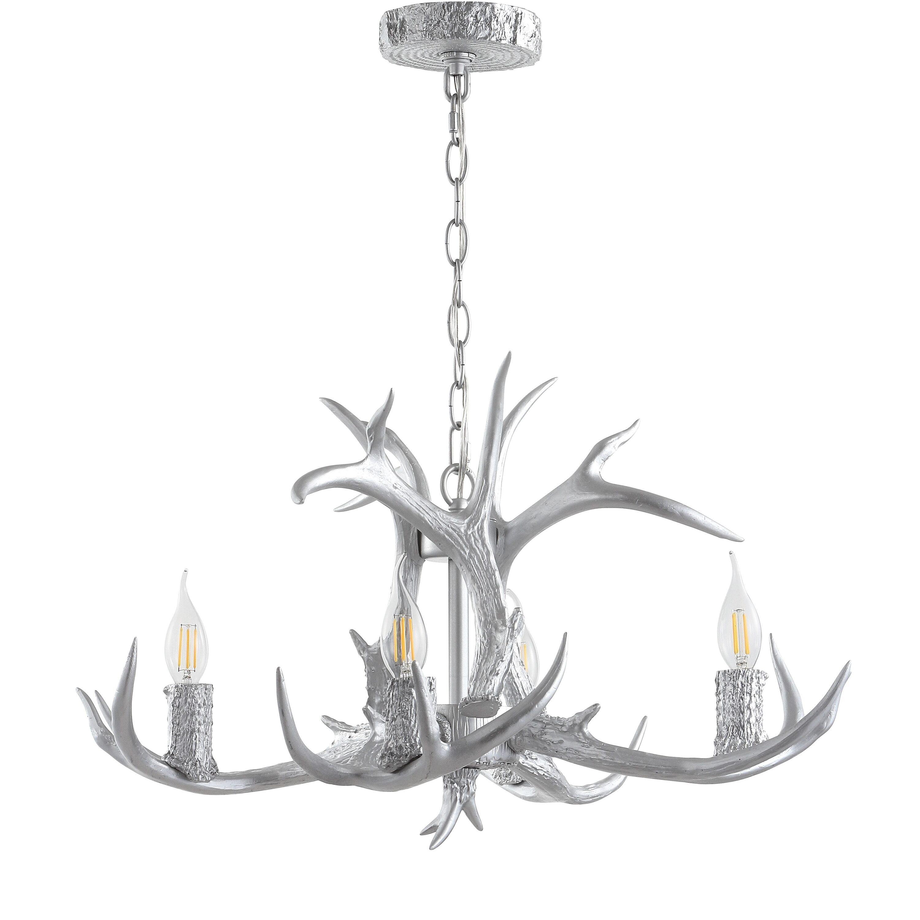 JONATHAN Y JYL6301C Eldora 26" Adjustable Resin Antler 4-Light LED Chandelier, Farmhouse, Glam, Transitional, Rustic, Cottage for living room, dinning room, bedroom, office Bulb Included, Silver