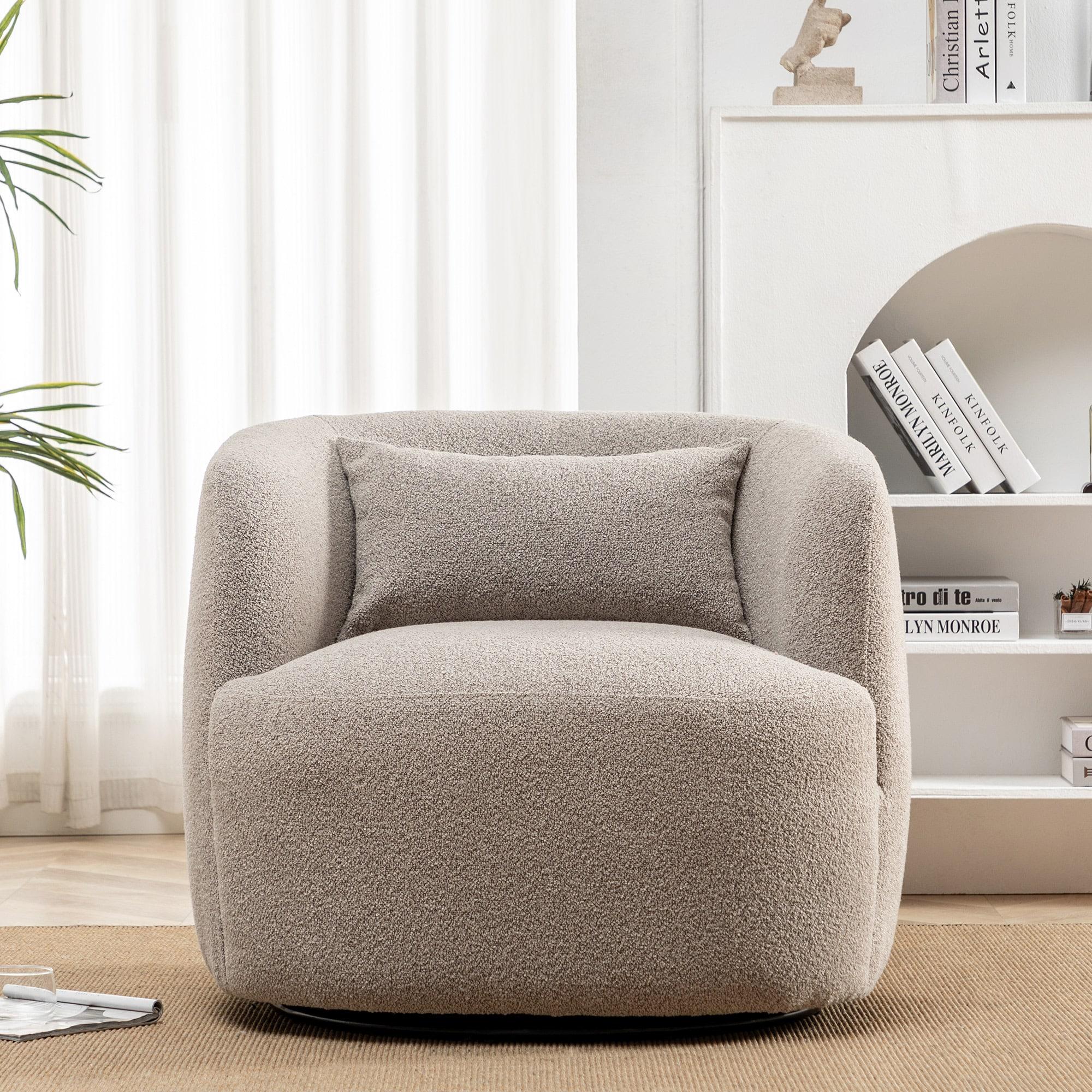 Boucle Upholstered Swivel Armchair Taupe - Kinwell: Pine Frame, 360° Metal Base, 300 lbs Capacity