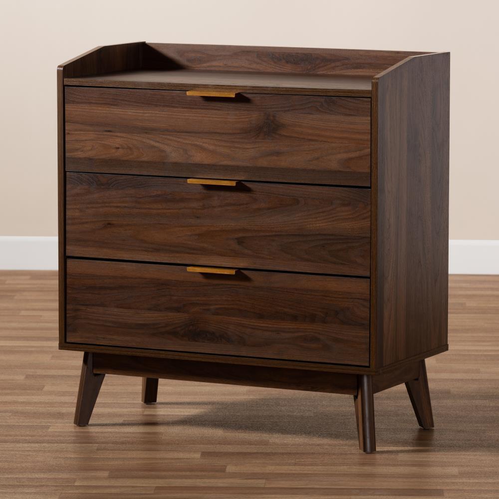 Lena Walnut Chest Brown - Baxton Studio: Mid-Century 3-Drawer Storage for Bedroom