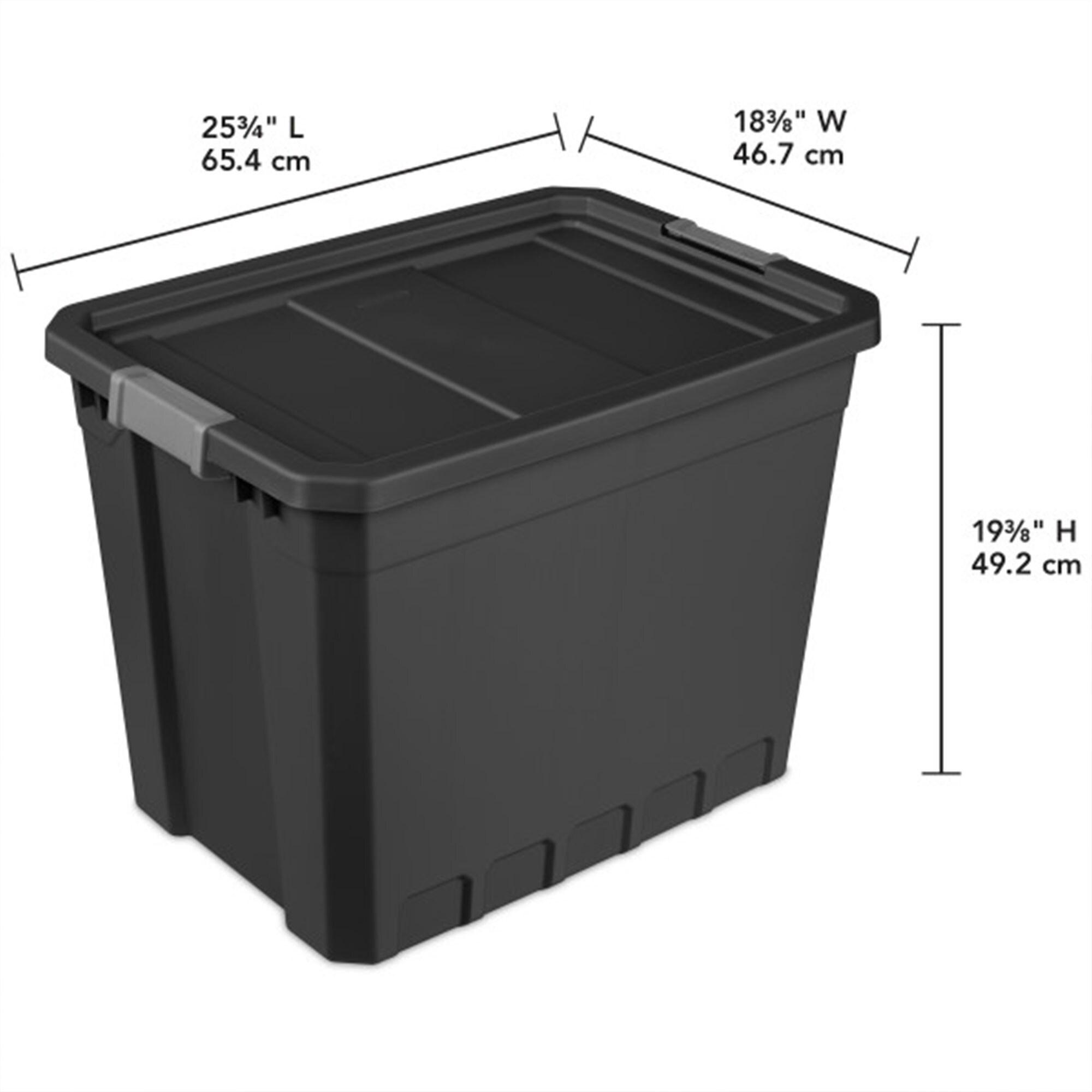 Sterilite 27 Gallon Plastic Stacker Tote, Heavy Duty Lidded Storage Bin Container for Stackable Garage and Basement Organization, Black, 4-Pack