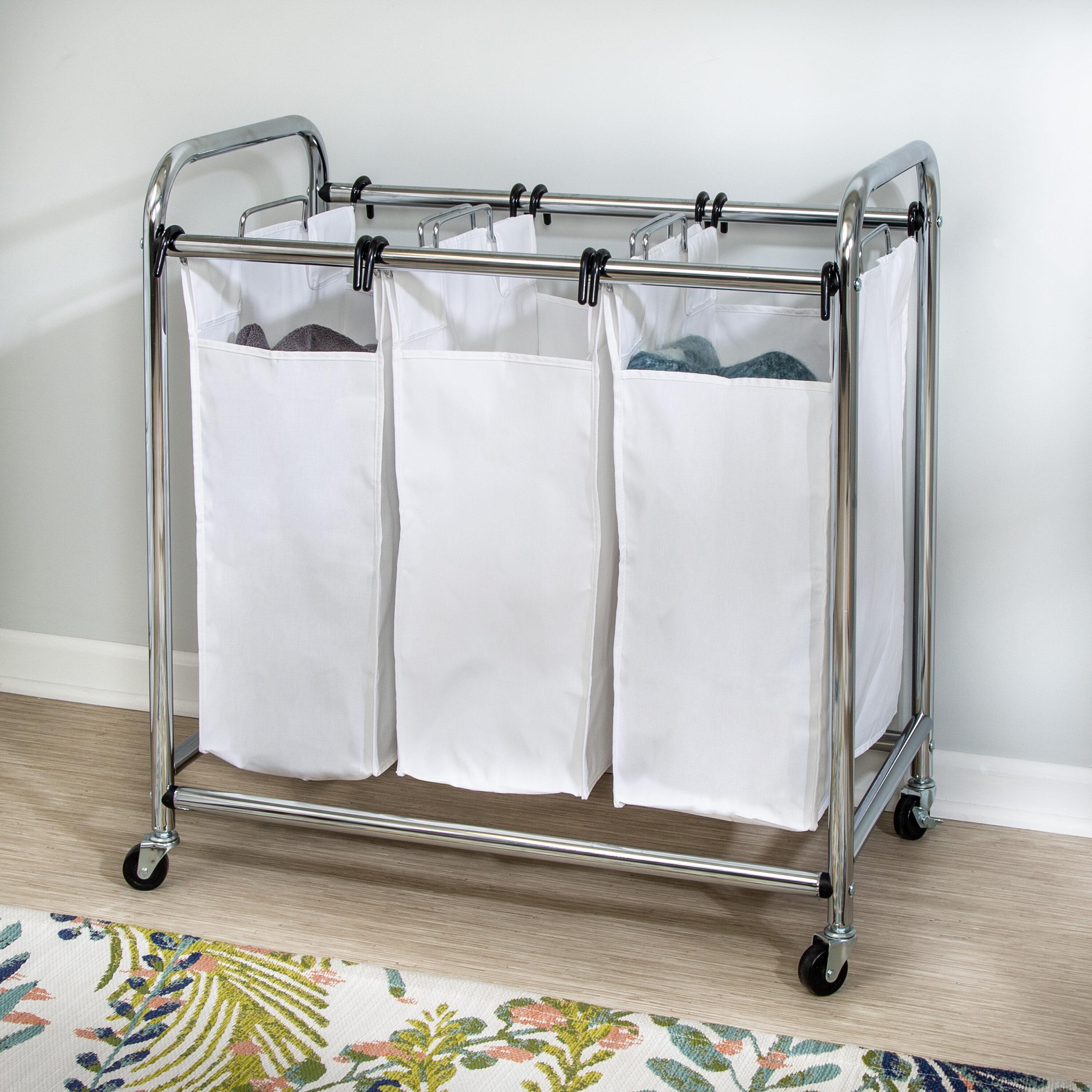 White Triple Laundry Sorter with Chrome Frame and Wheels