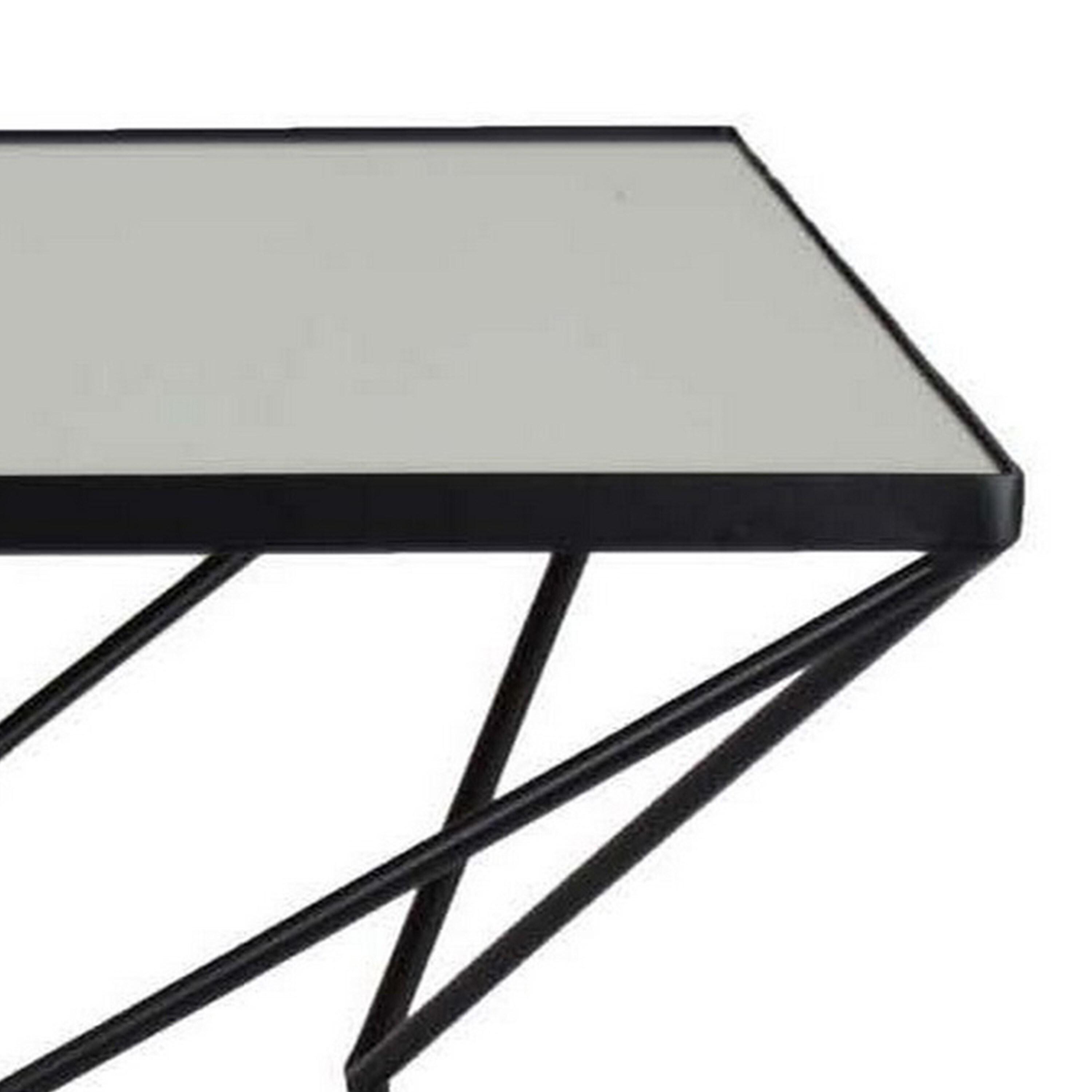 BenJara 21 Inch Plant Stand Side Table, Mirror Top, Black Geometric Metal Frame